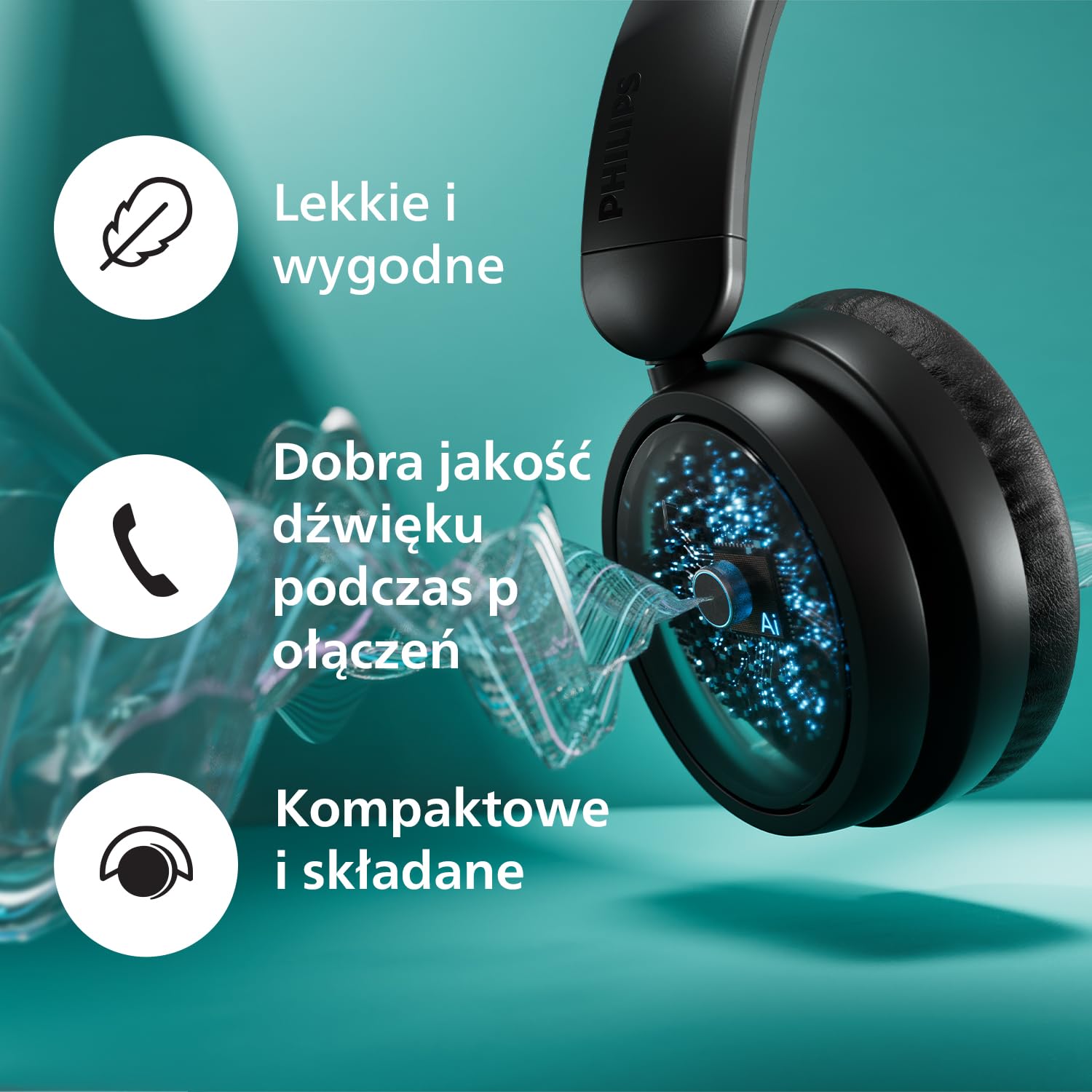 Philips TAH5219BK/00 Lekkie Bezprzewodowe Słuchawki Nauszne Bluetooth – Do 65 godz. pracy, naturalny dźwięk, wyraźne rozmowy, dynamiczny bas, ładowanie USB‑C 2 godz., miękkie etui – Czarne