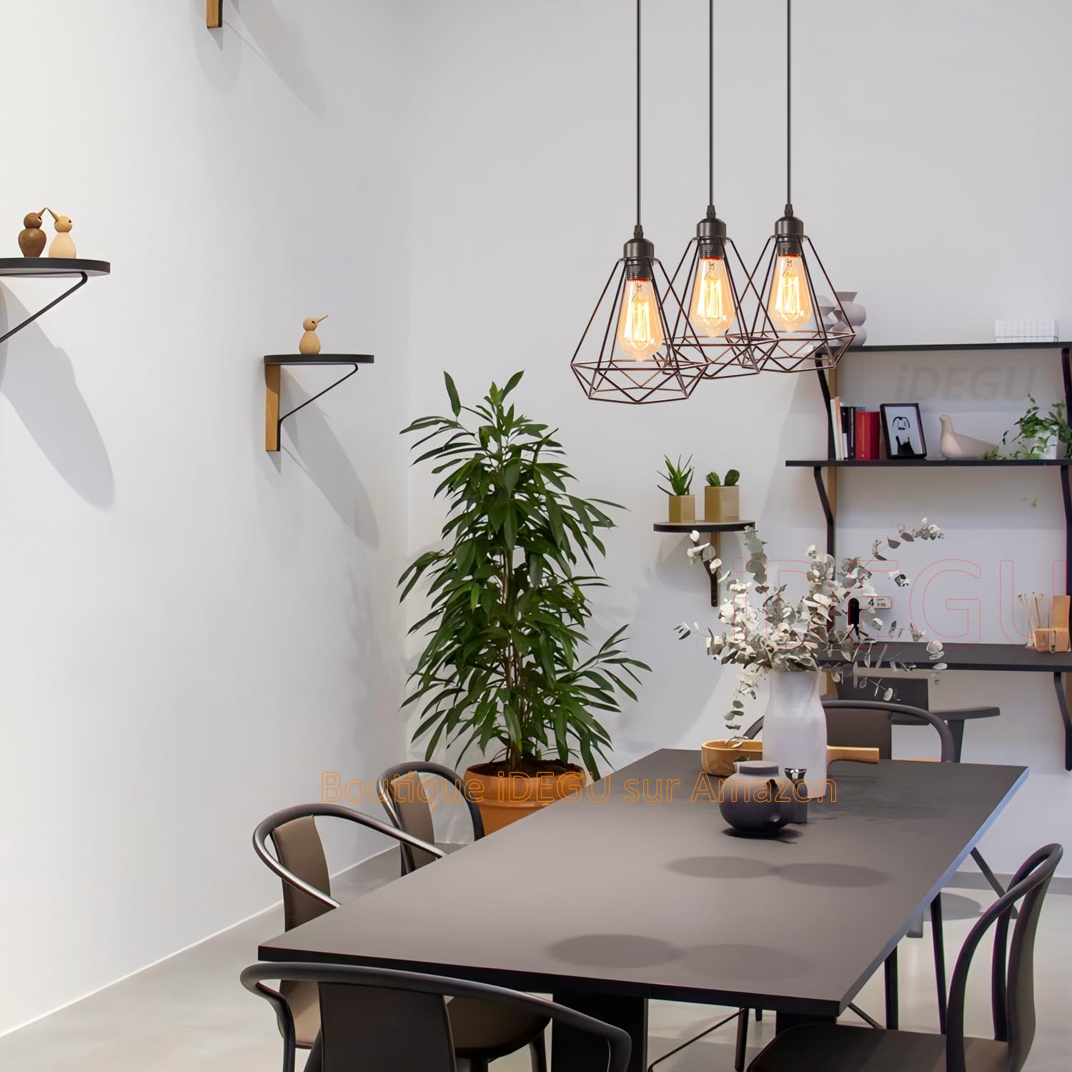 iDEGU 3 Luci Lampadario a Sospensione Industriale Vintage Lampada a Sospensione 20cm Metallo Gabbia Paralume Illuminazione E27 Lampadario da Soffitto per Soggiorno Cucina Sala da Pranzo (Nero, Barra)