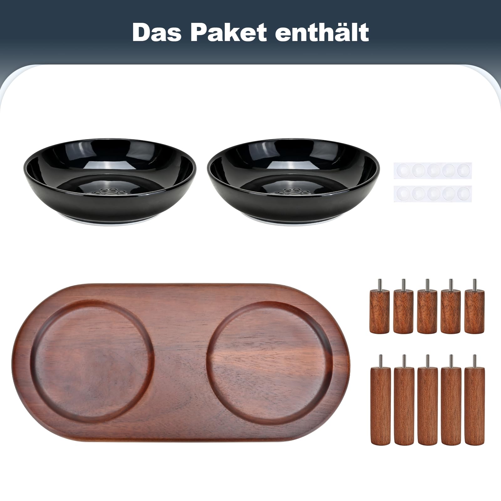 SPUNKYJUNKY Keramik Erhöhter Katzennapf mit Akazienholz Ständer Schnurrhaarfreundliche Katzen Futternapf Katze Futterstation (Katzenpfotenmuster, Schwarz)