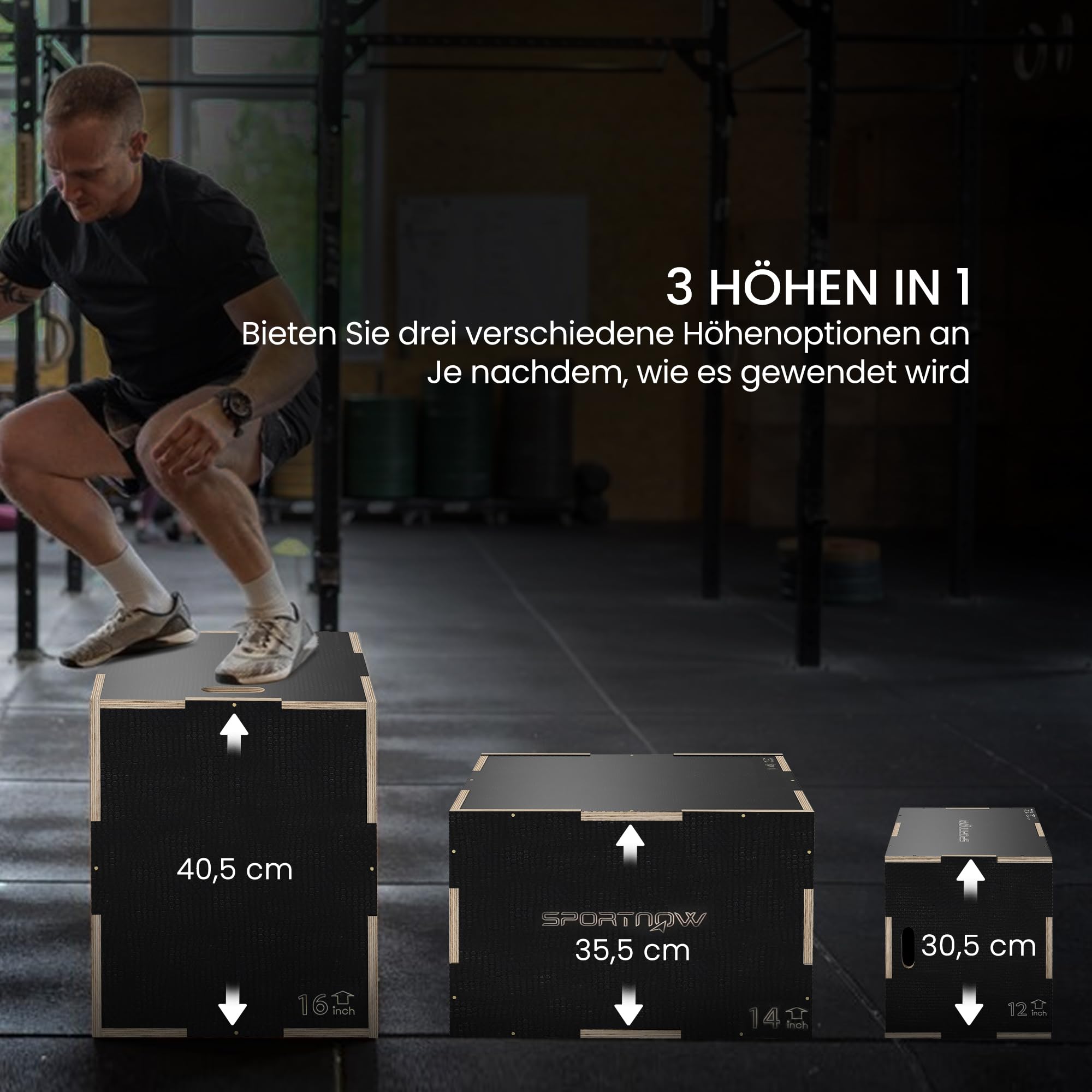 SPORTNOW 3 in 1 Plyo Box, Sprungbox aus Holz, Plyometric Plattform mit Griff, Plyometrisches Training, Sprungtrainer für Zuhause, Fitnessstudio, Schwarz