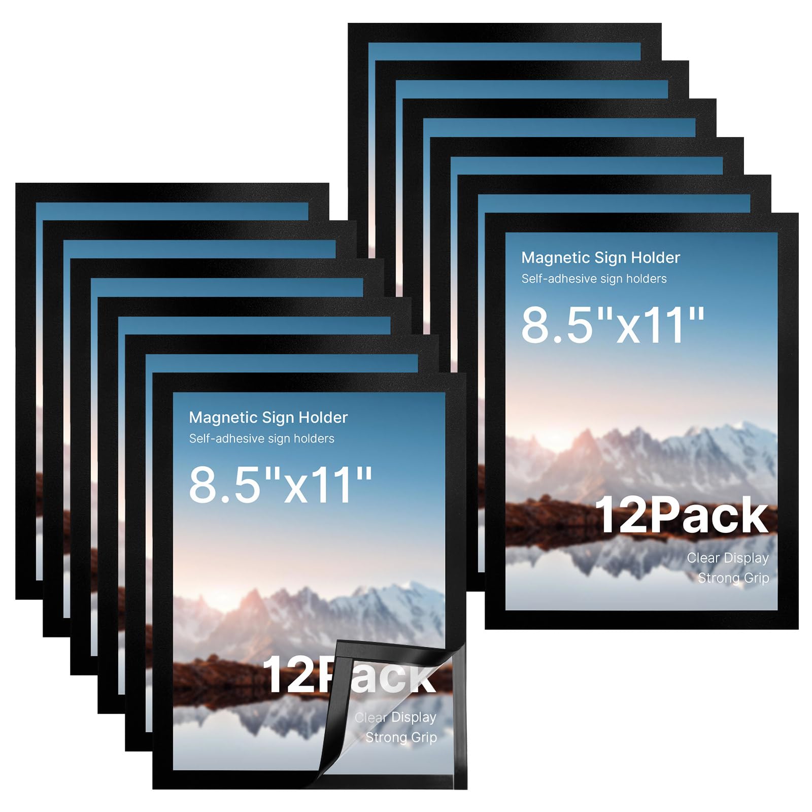 12 Pieces Magnetic Picture Frames and Sign Holders 8.5 x 11inches, Self-Adhesive Door, Window, and Wall Document Frames, Reusable Fodeez Adhesive Frames, Peel and Stick Picture Frames, Black