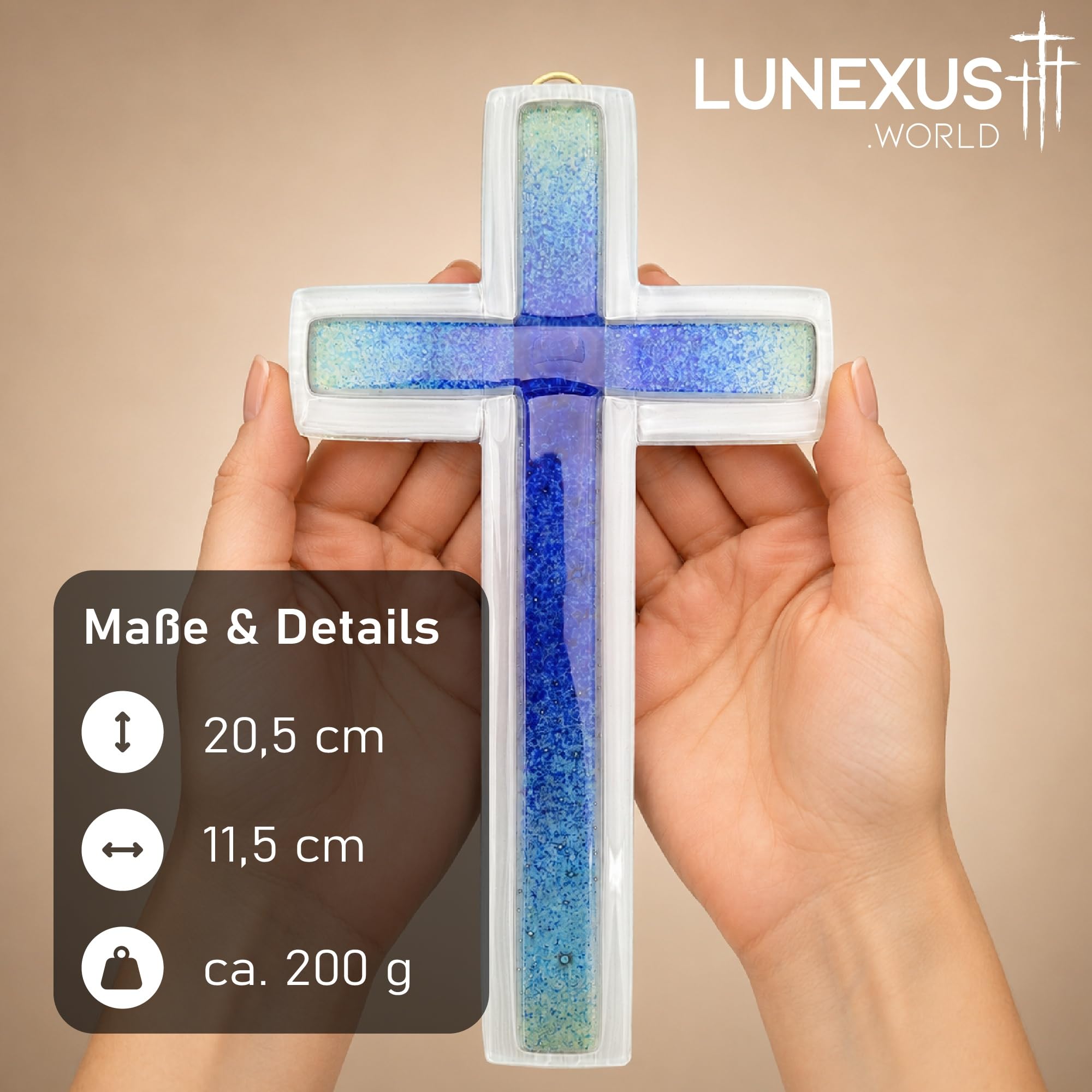 Lunexus Szklany krzyż ścienny 20,5 cm, ręcznie wykonany, prezent na chrzest, komunię, bierzmowanie, krzyż, szkło, niebieski, religijny krzyż dekoracyjny do zawieszenia, krzyż dziecięcy, chrzest, dla