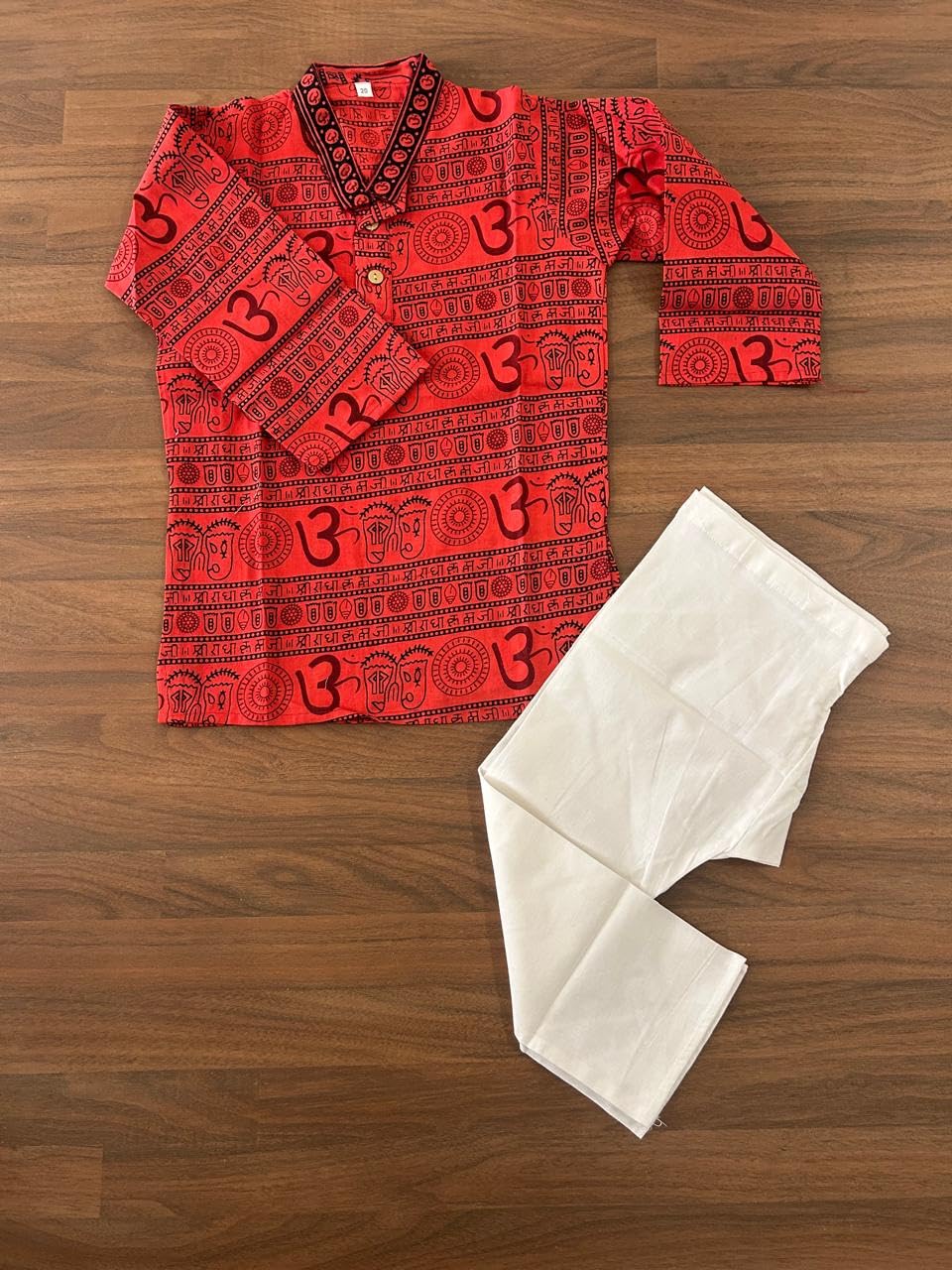 NiAK Traditional Om Print Cotton Kurta and White Pyjama Set, Ethnic Indian Wear, Beige and Red Pattern (Red, 5-6 Years) 1