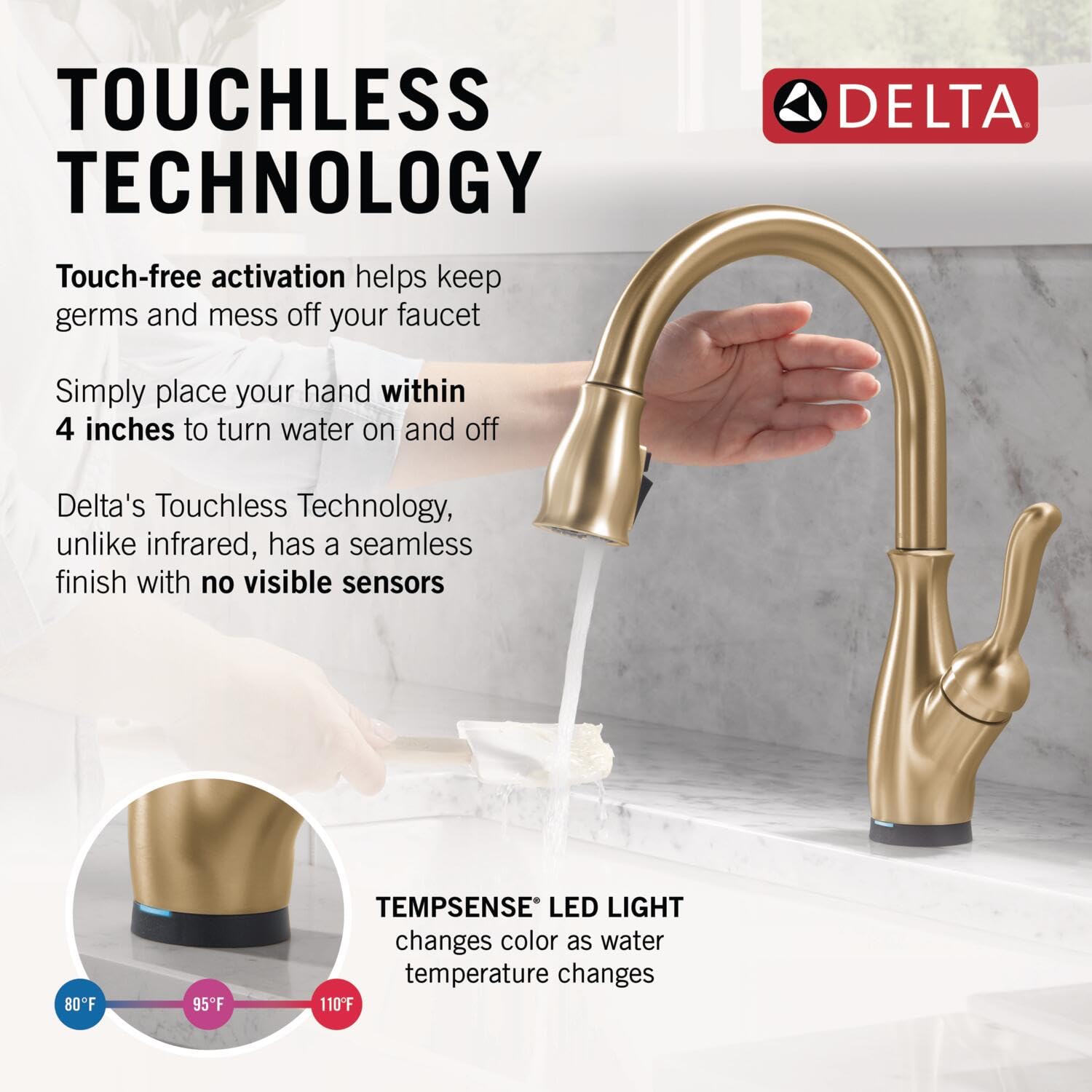 Robinet De Cuisine Delta Leland 9178TLV Sans Contact – Bronze Champagne, Tirage Intégré – Neuf