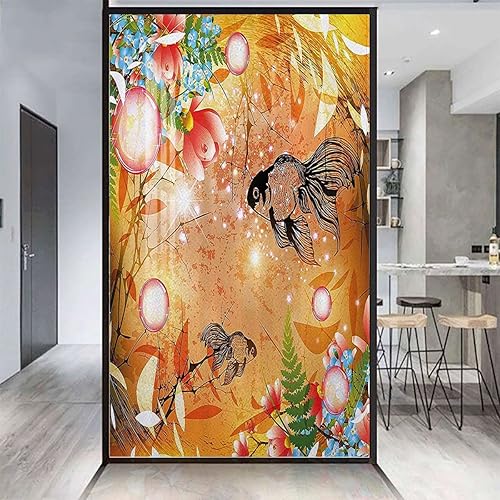 Decoración de vidrieras multicolor sin adhesivo, tema de fantasía con estampado de flores y peces, ventanas de vidrio, esmerilado, mate, decoración