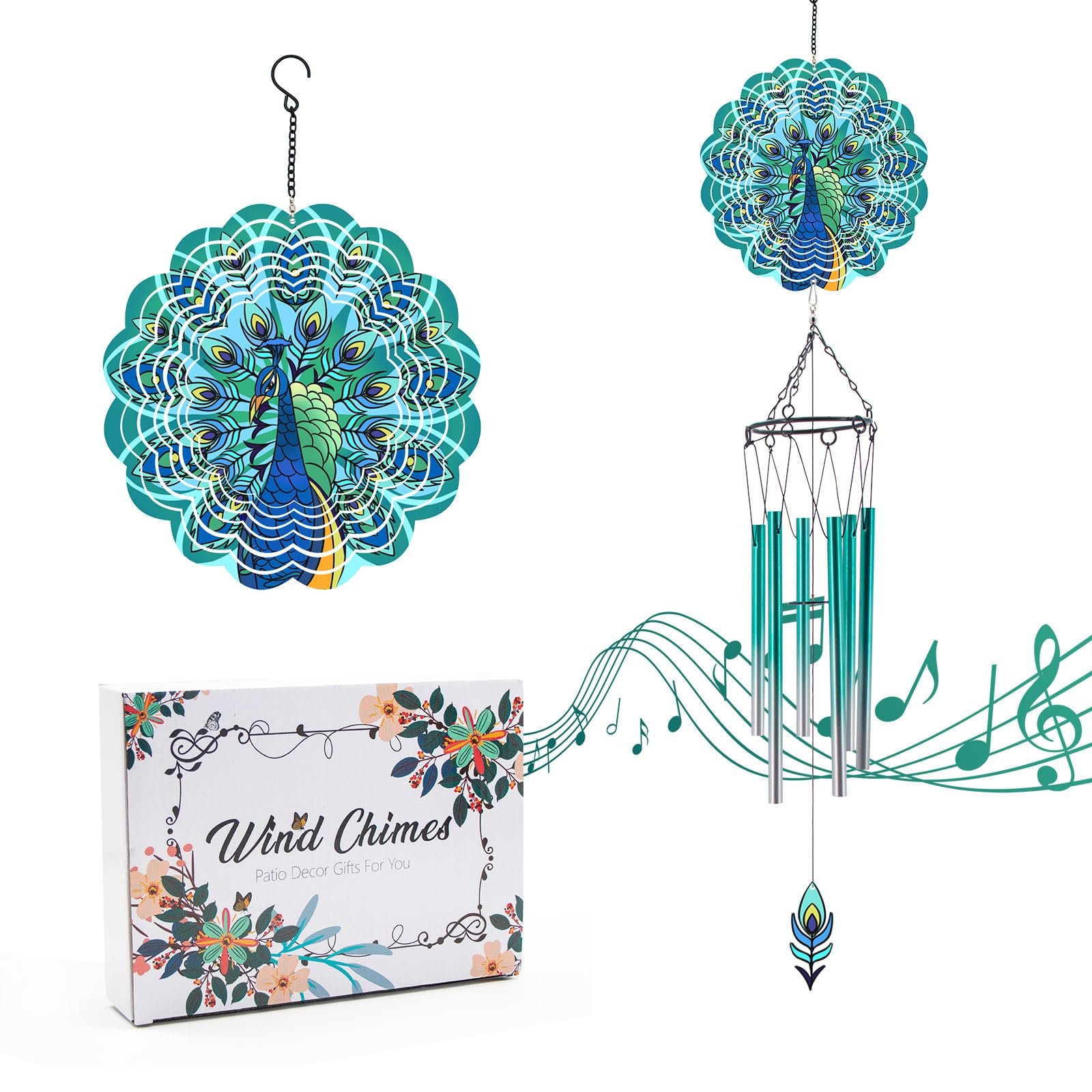 Wind Chimes with Peacock Wind Spinner, Gifts for Men, Women, Retirement, Teacher, Parents - Outdoor Hanging Decor Clearance for Garden, Patio, Backyard Or Porch