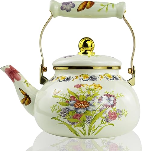 Hervidor de té esmaltado floral, tetera vintage colorida bohemia agua caliente bohemia con estampado de flores, tetera de café de 2.5 L de porcelana