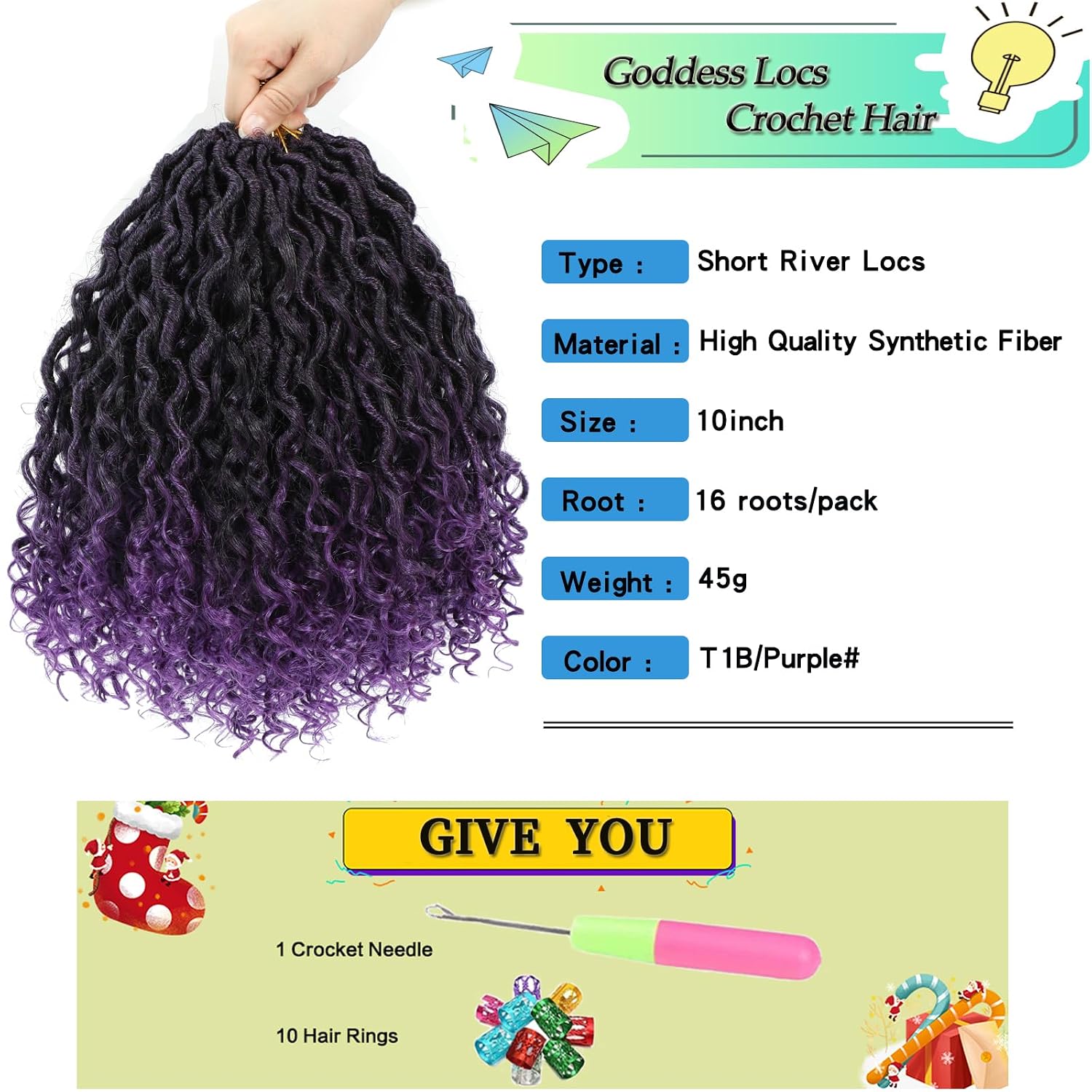 Purple River Locs Crochet Hair - 8 Packs 10Inch Short Goddess Locs Crochet Hair for Black Women Curly Faux Hair Pre Looped Crochet Braids Hair Boho Hippie Hair Extensions(#T1B/Purple 10inch)