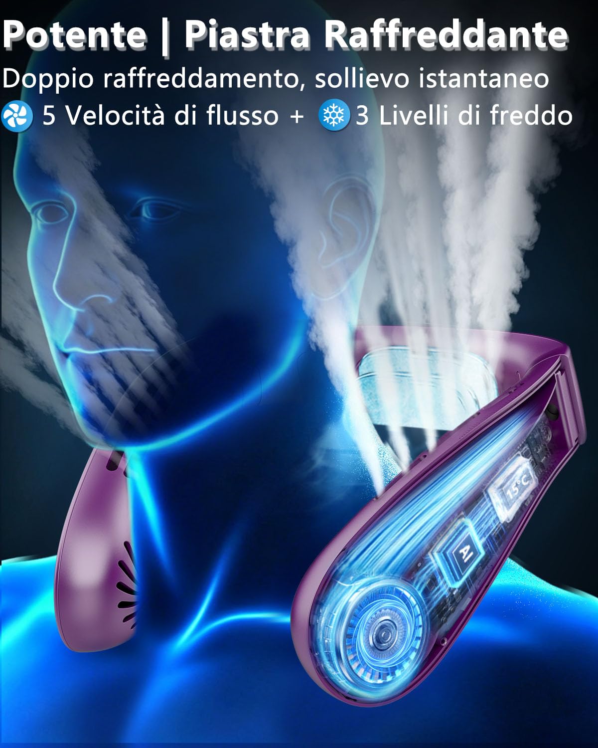 Ventilatore da Collo con Raffreddamento a 15°C, Ventilatore Collo Silenzioso con 5 Velocità e Batteria 5500mAh, Display LED, Autonomia 24 Ore Ricarica Rapida, per Outdoor, Sport, Ufficio e Viaggi