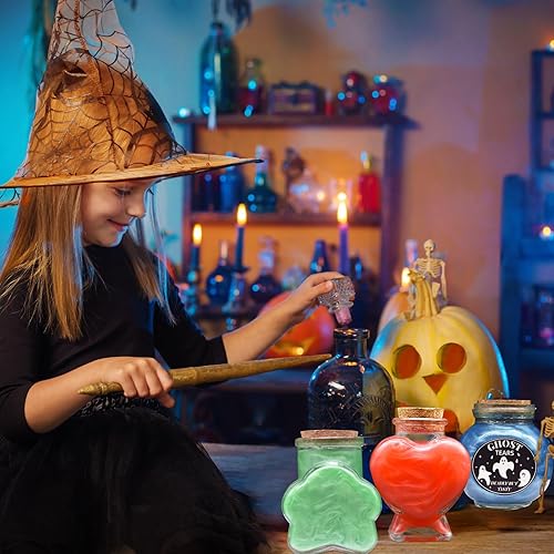 Miniatura 5 de Decoración de Halloween para interiores, 6 botellas de poción con 8 calcomanías de etiqueta de bruja en blanco y negro, bandeja escalonada para