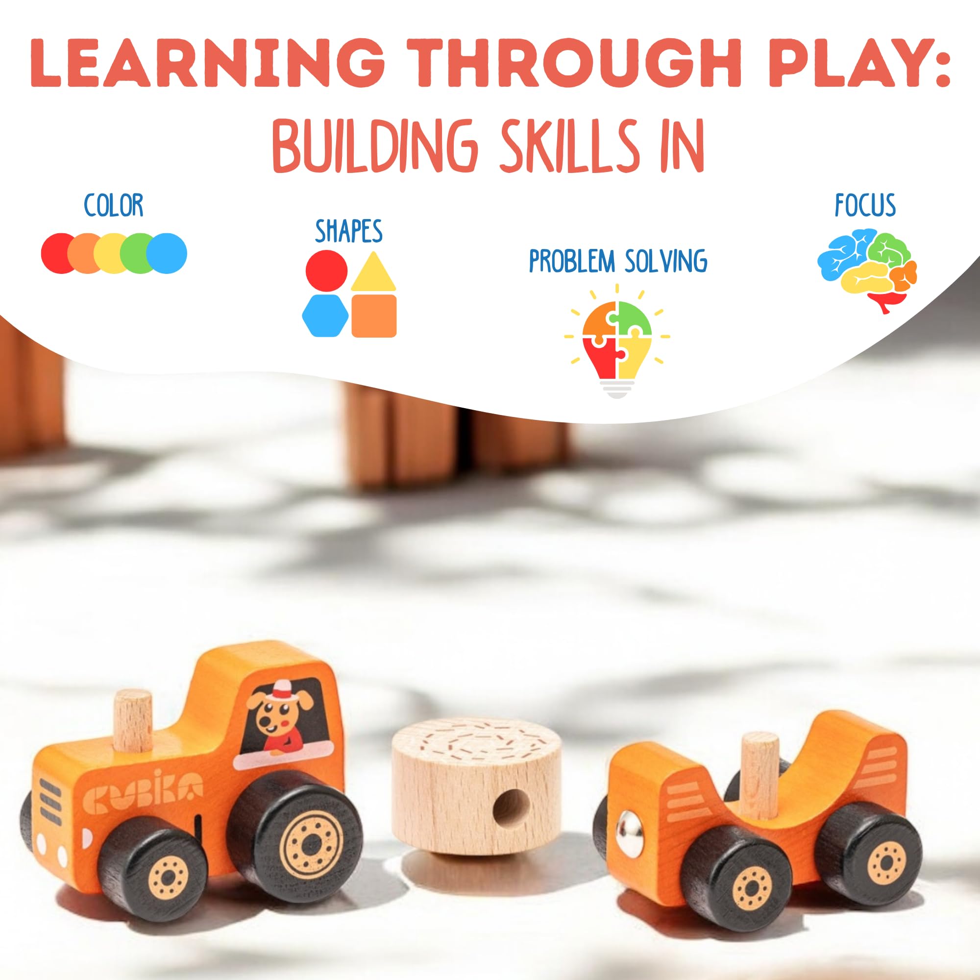 Tractor de juguete de madera – Juguete Montessori para niños a partir de 3 años – Tractor de madera con cierres magnéticos – Madera certificada FSC, pinturas alemanas a base de agua – Juguete 3