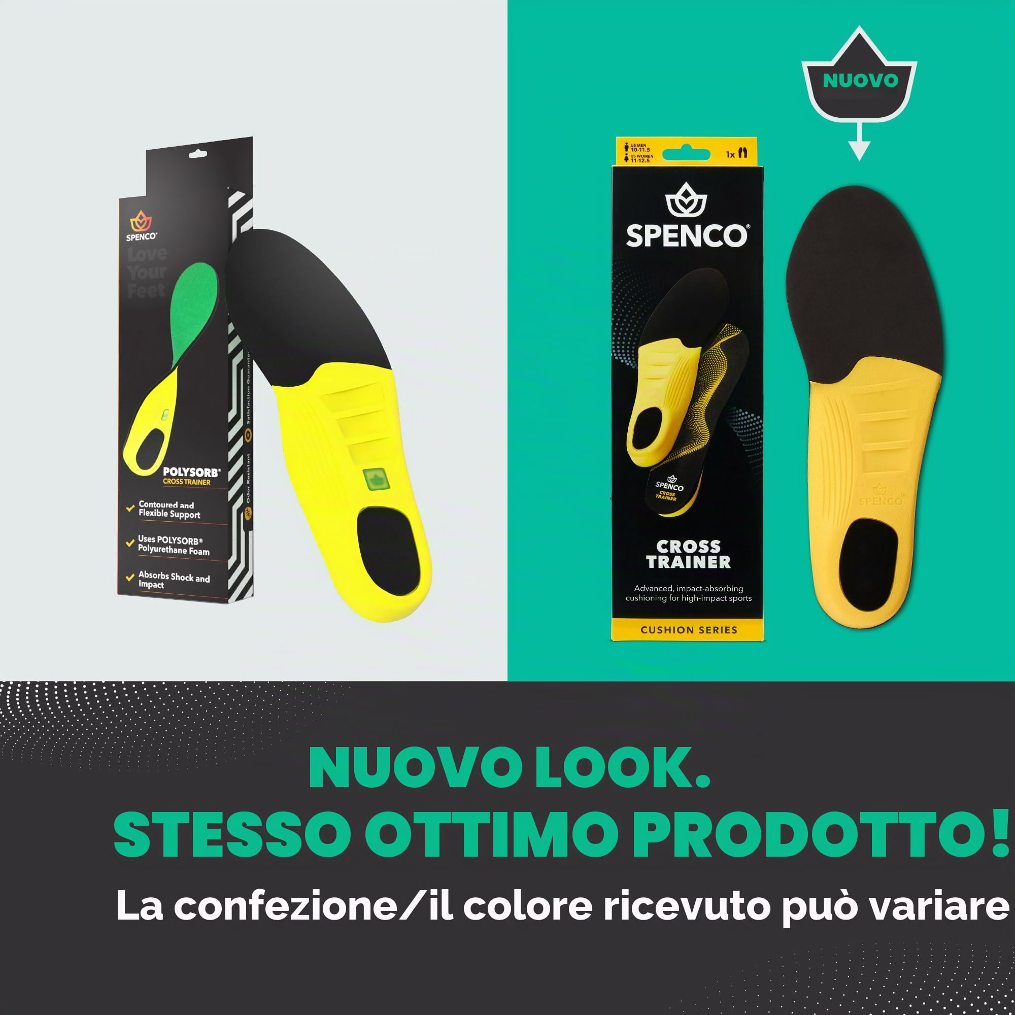 Spenco - Solette Cross Trainer Polysorb per scarpe da uomo con ammortizzazione e supporto dell’arco plantare, per attività fisica, 47-48,5