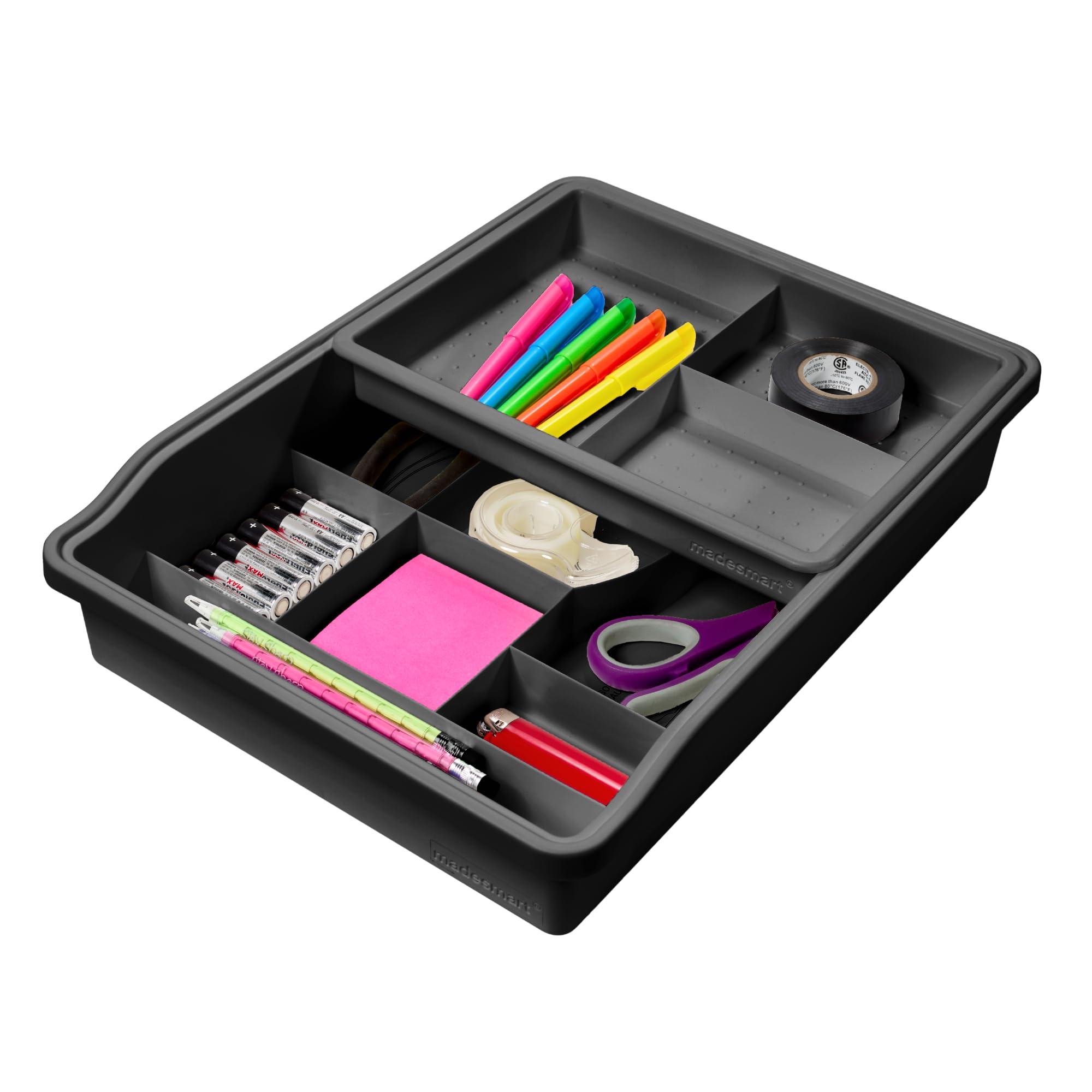 madesmart Original Junk Drawer Organizer® with Sliding Top Tray, 13 Compartments, Multi-Purpose Storage for Kitchen, Office & Bathroom Drawers, Carbon