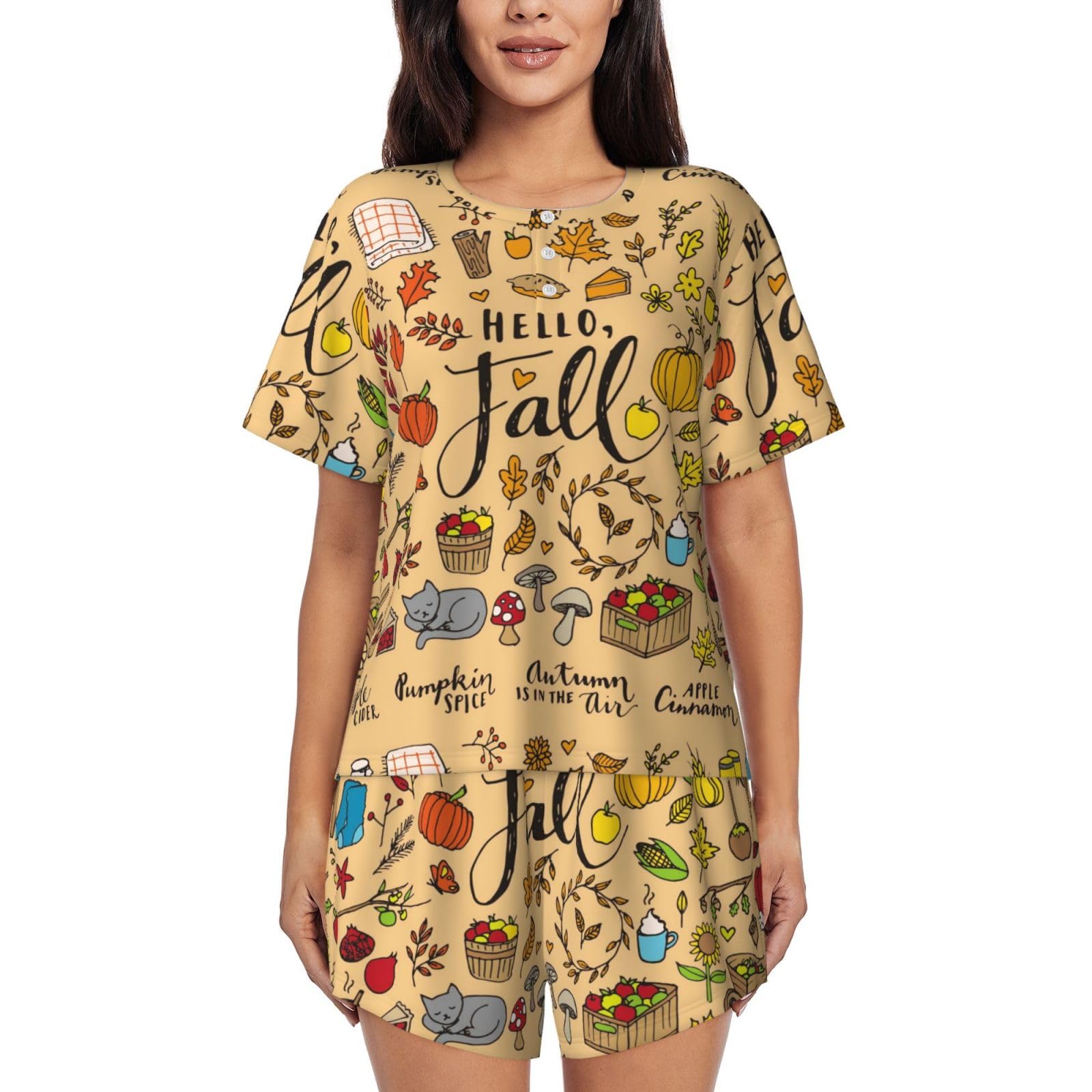 Kwqdozf Women's As Pic Hello Fall Autumn Leaves Pajamas Set Lounge Short Sleeve And Sleepwear Soft
