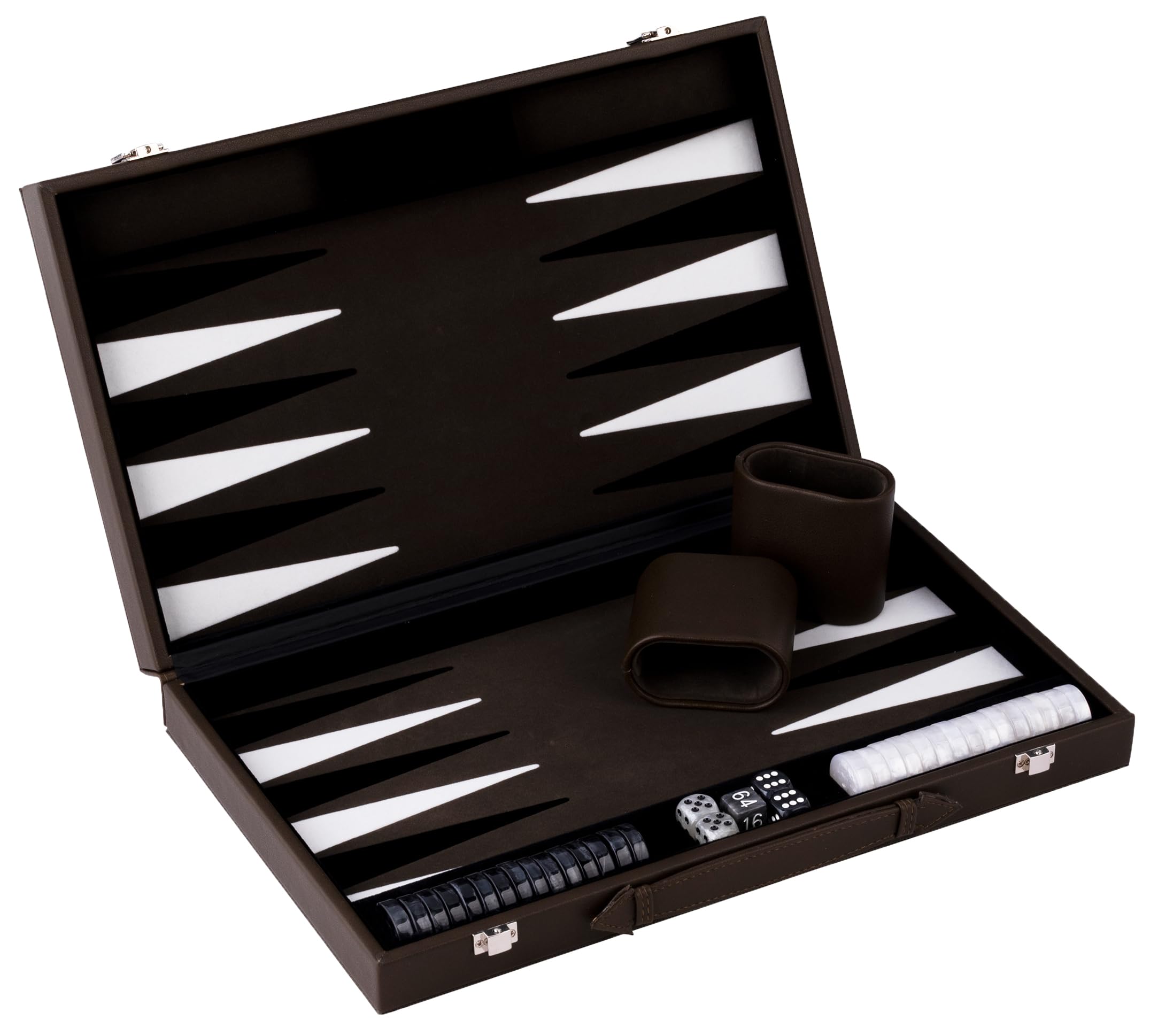 Engelhart-250562 – Backgammon en Cuir 15 Pouces (38.6 cm) Mallette Cuir de Luxe Olive & crème – Incrusté – Ouvert 47,4 × 38,6 cm – Pions Blanc/Noir – Dés et Gobelets – Jeu de Société de Luxe