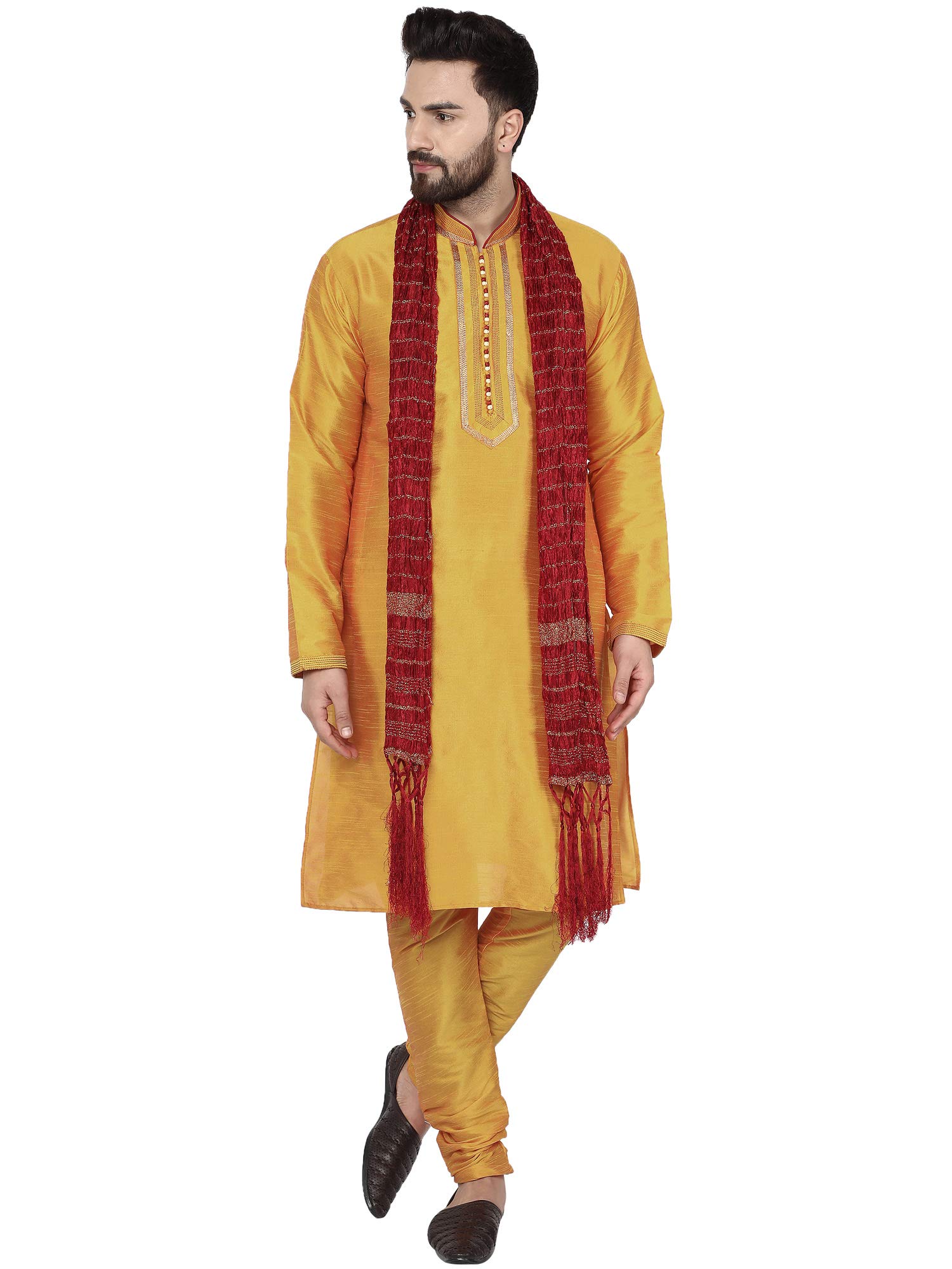 SKAVIJMen's Polyester Regular Kurta Pajama with Scarf 3 Piece Ethnic Wear Dress Set for Festival
