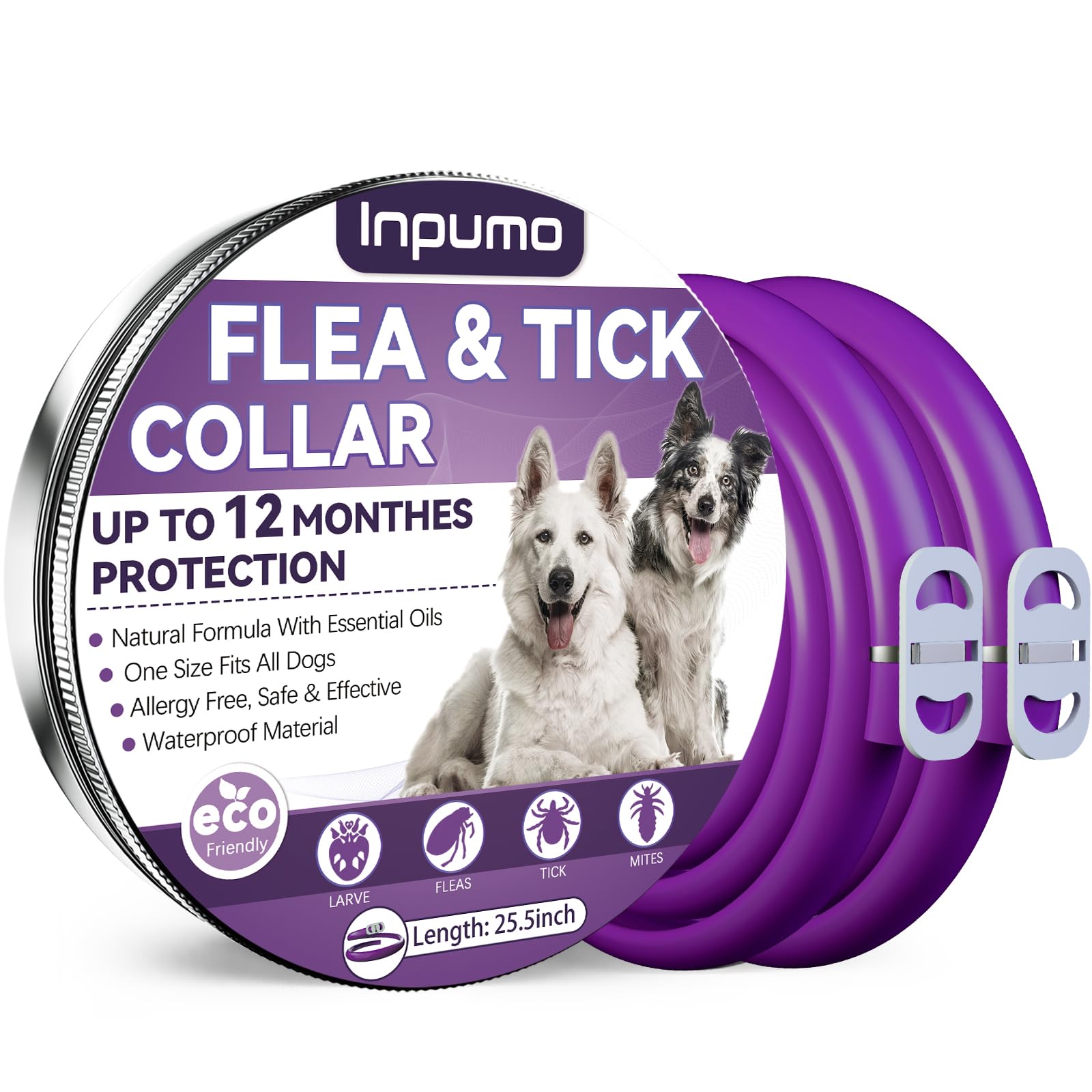 Collar Antiparasitario Perros, Protección de 12 Meses Collar Antipulgas Natural para Perros, Collar Antipulgas Impermeable Ajustable para Perros Pequeños, Medianos y Grandes（2 Pack）