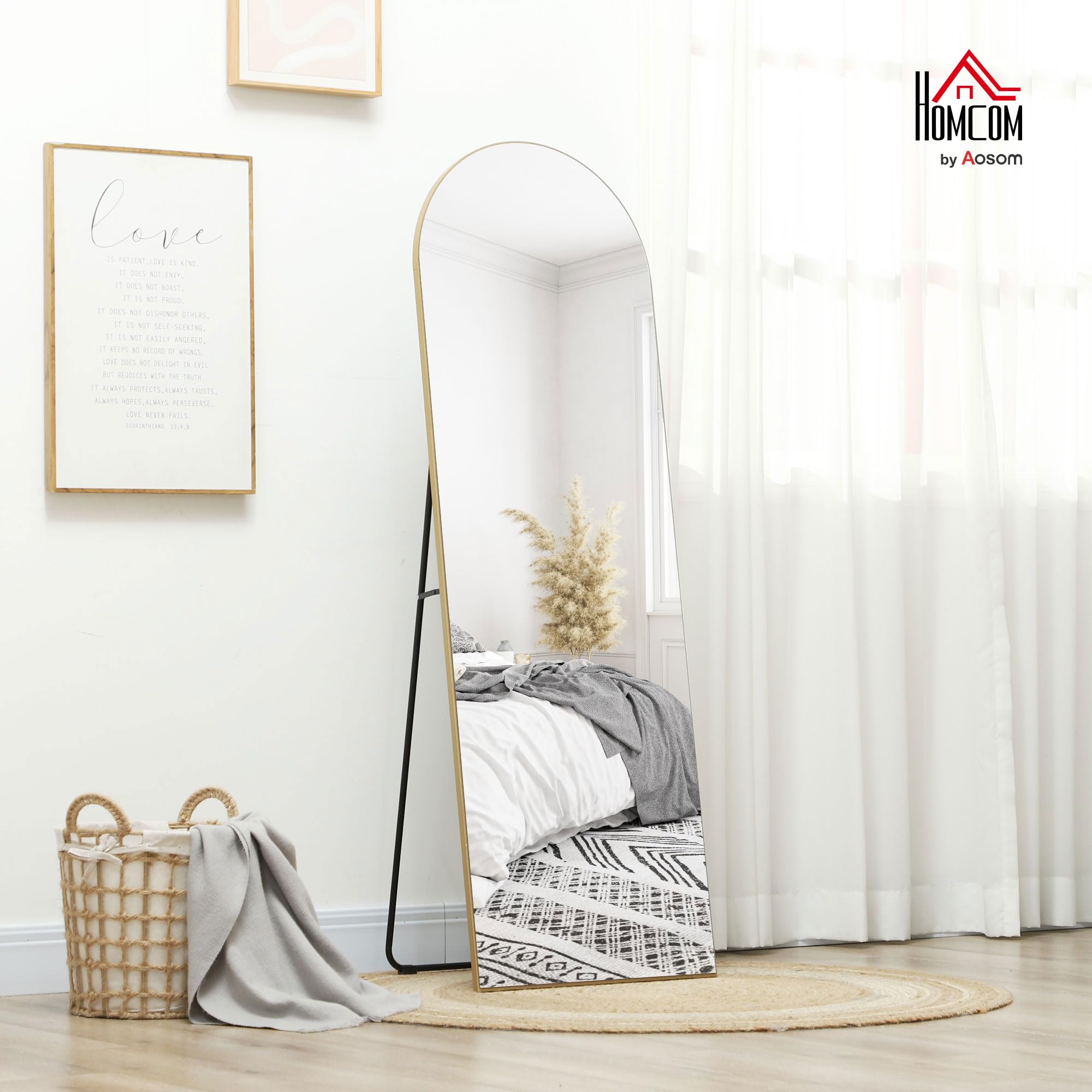 HOMCOM Espejo de Cuerpo Entero, 150x50 cm, Espejo de Pie Arqueado, Sin Marco, Independiente, Apoyado y de Pared, para Dormitorio, Salón, Dorado