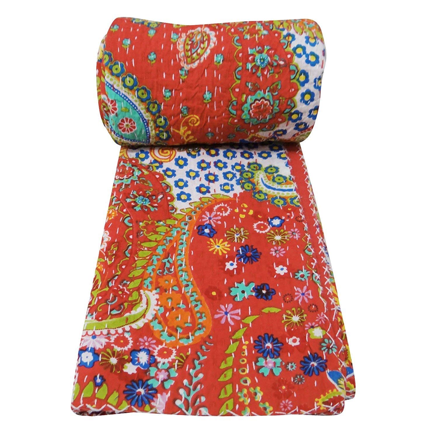 Radhykrishnafashions Indian Queen/Twin Handmade Paisley Print Kantha Quilt Cotton Kantha Blanket Bed Cover Sofa Cover Kantha Bedspread Bohemian Bedding (Red, Queen(90x108 Inch))