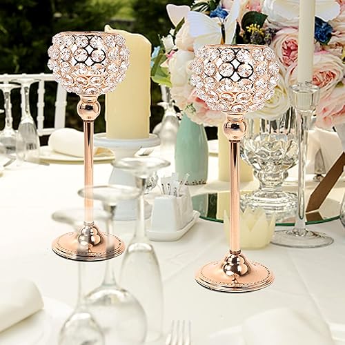 Miniatura 5 de Juego de 2 portavelas de cristal dorado con base de alta resistencia, portavelas con luces de té brillantes, decoración de mesa de comedor, centro