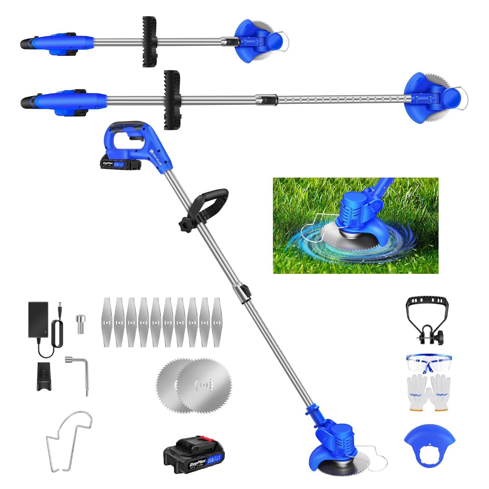 Cortacésped Eléctrico 21V, Desbrozadora Telescópica Ligera con Cabezal Ajustable, Batería 1500mAh y Cargador, Cuchilla Metálica 10PCS para Poda de Jardín