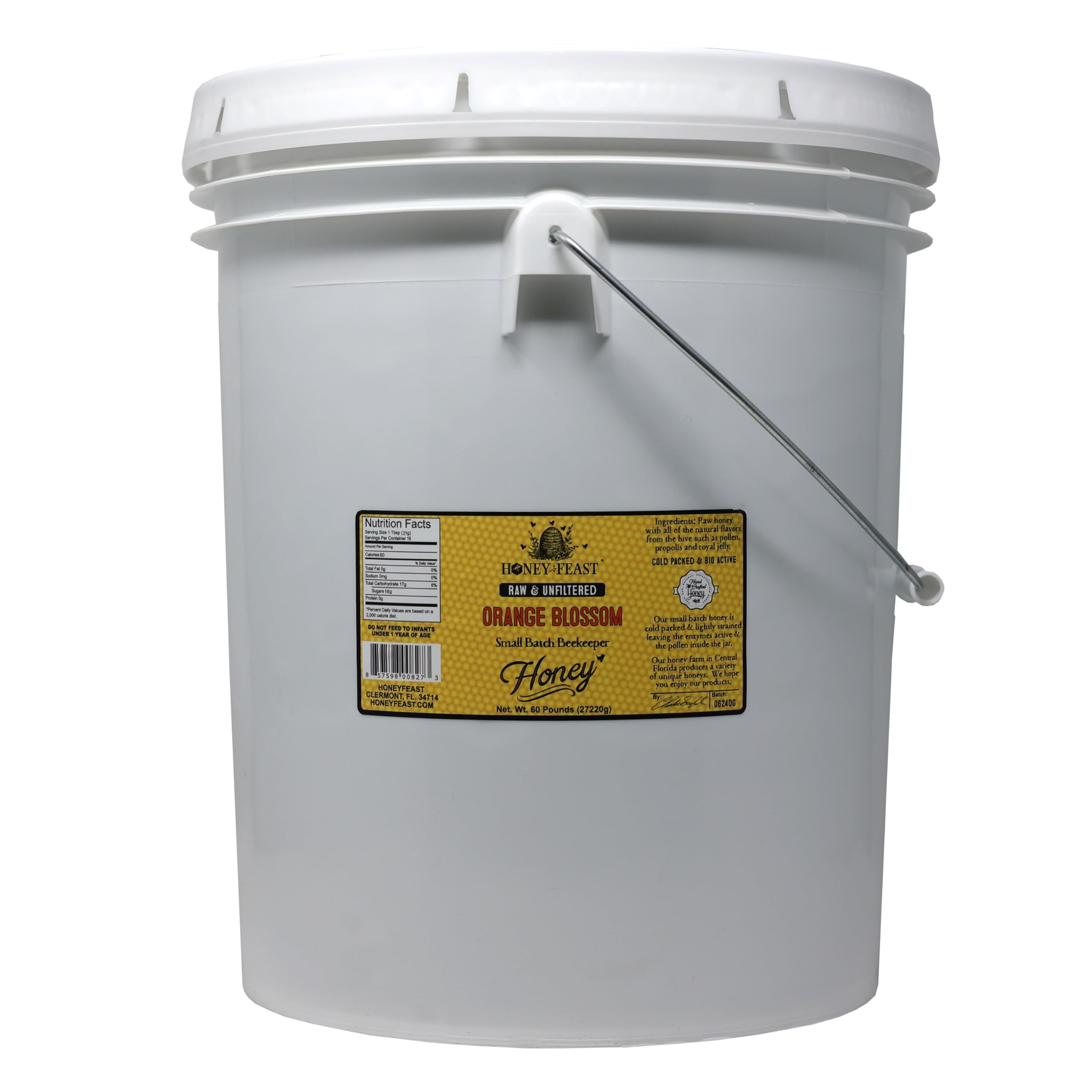 HONEY FEAST Raw Orange Blossom Honey - 5 Gallons (60 pounds) Bulk Honey, All Natural, Unfiltered, Unheated Honey from Oranges, Perfect for Large-Scale