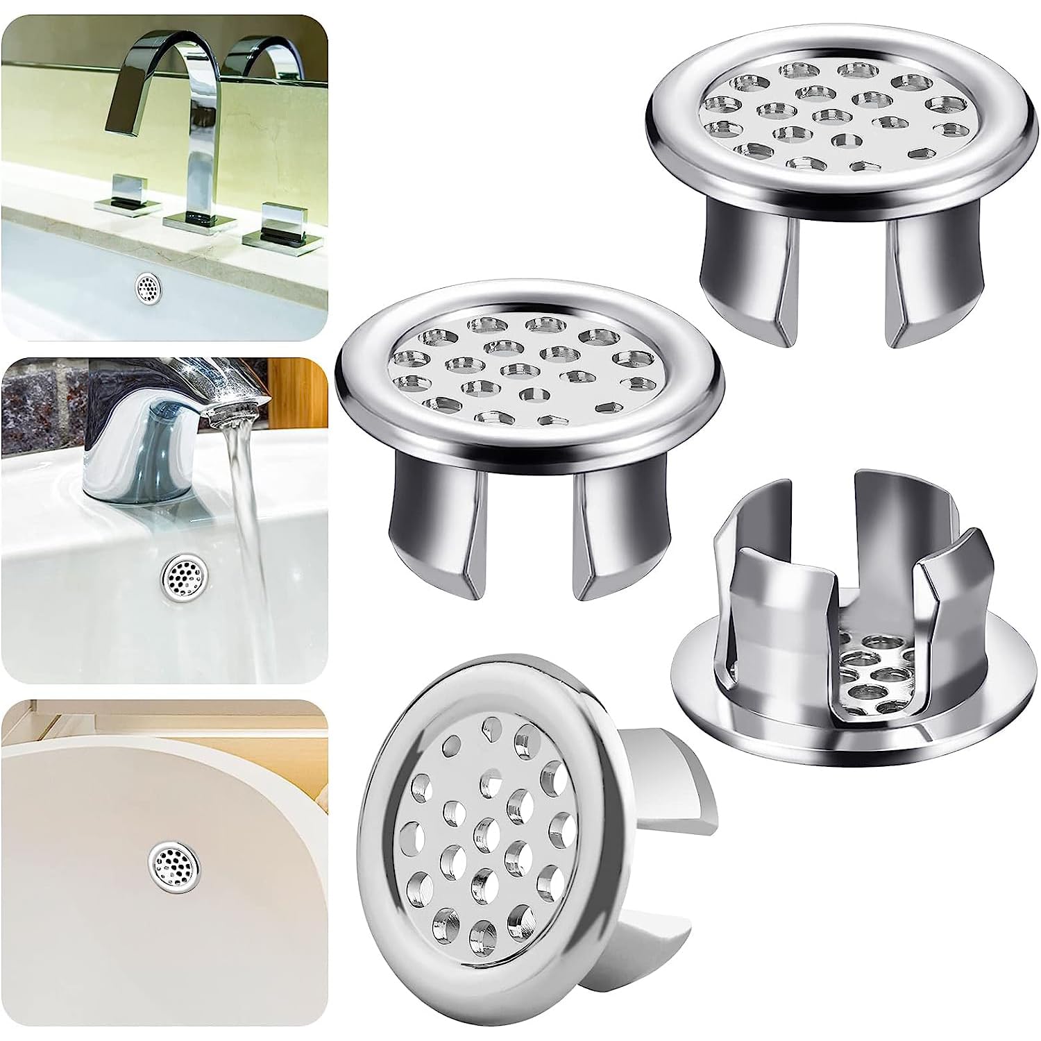 X spring Sink Overflow Ring, 4 Pack Bathroom Sink Overflow Trim Ring, Plastic Electroplating Chrome Round Overflow Drain Cover, Bathroom Sink Overflow Hole Cover, Mesh Hole Trim Ring for Kitchen