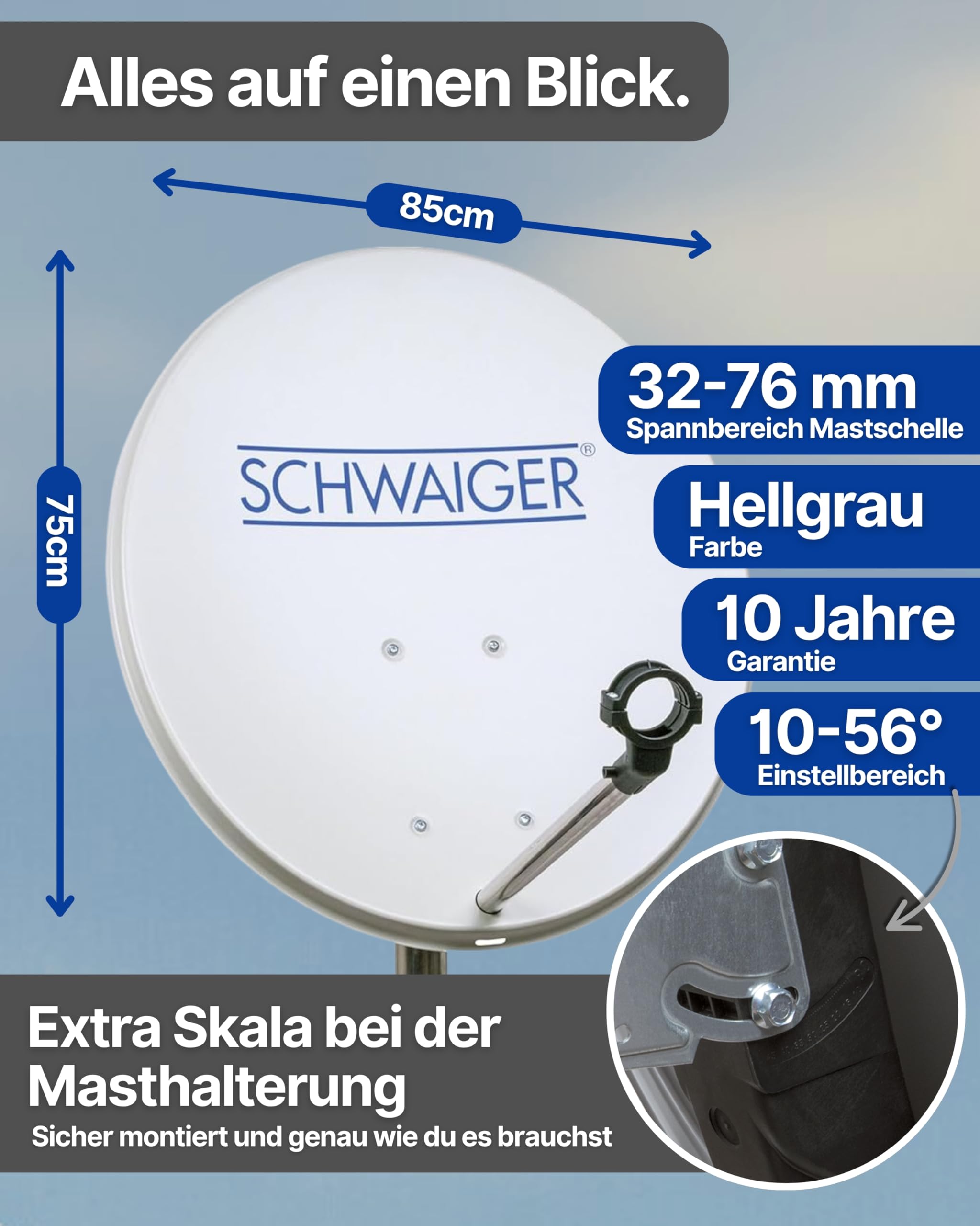 Schwaiger Satellitenschüssel Komplettset I Ø 80 cm Stahl Offset Antenne in Hellgrau I Inkl. Twin LNB 2-Fach & HD SAT-Receiver mit Fernbedienung I Digital HD Empfang I Integrierte Kabelführung
