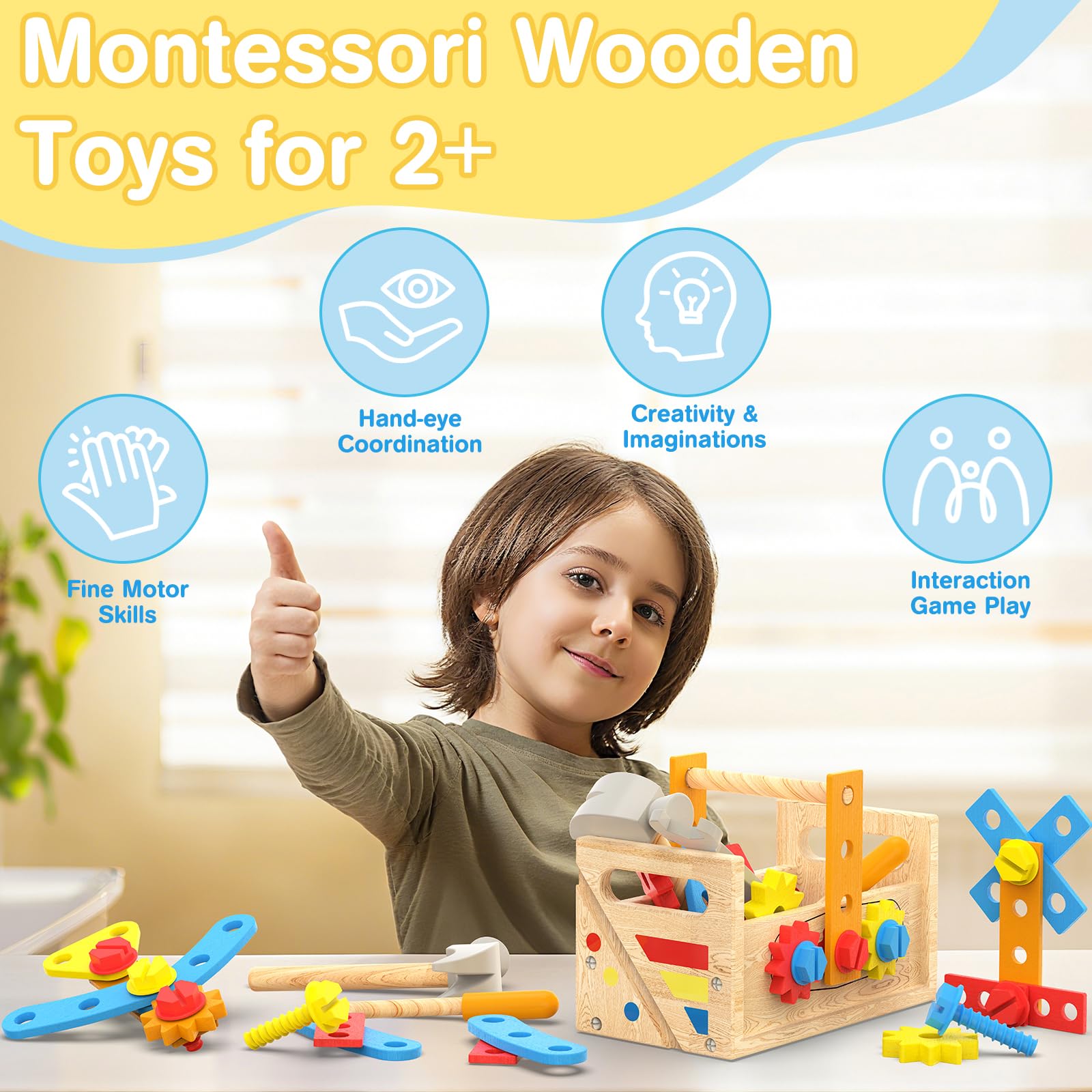 Drewniany zestaw narzędzi dla dzieci z fartuchem - Montessori Toys dla 2-letniego chłopca, ławka narzędziowa maluchów, edukacyjna zabawka konstrukcyjna STEM dzieci w wieku 2-4 lat, zabawa w od