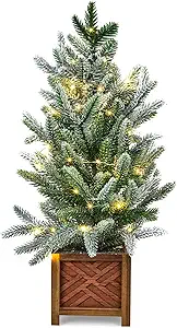 GarveeHome Small Christmas Tree with Lights, 24 Inch Prelit Artificial Mini Christmas Tree, Tabletop Snow Flocked Xmas Tree in Wood Pot for Table Centerpiece Office Dorm Desk Decorations