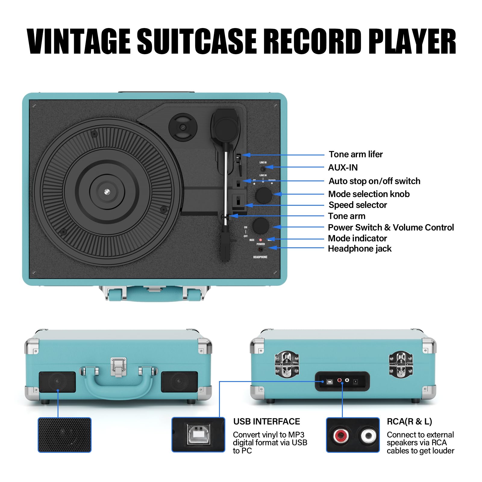 Giratorios de Vinilo, Mersoco Tocadiscos Bluetooth,fonógrafo Vintage con 3 velocidades y Altavoces Integrados,Salida RCA y AUX-in Incluido