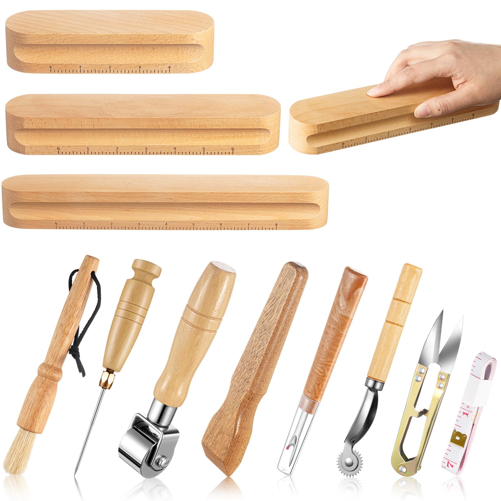 Gisafai 11 Pcs Wooden Sewing Quilting Tools Set Include 12/9.5/7 Inch Tailors Clapper, Seam Roller, Pressing Stick, Stiletto, Seam Rippers, Cleaning