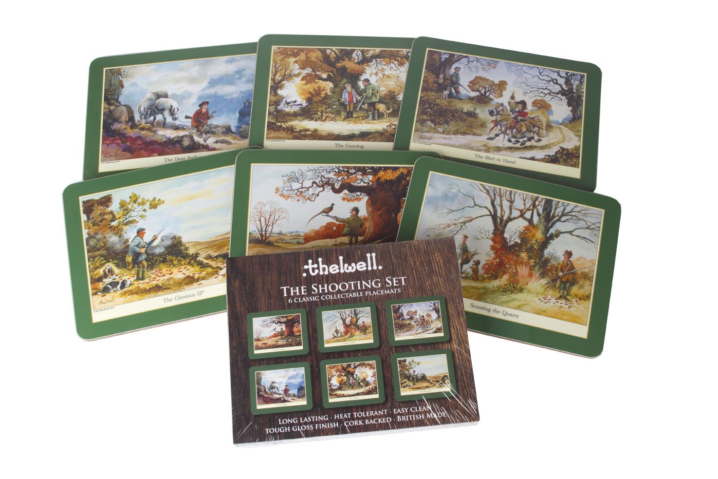 thelwellShooting Placemat Set. 6 assorted melamine mats with cork backs, featuring the sporting images of iconic cartoonist Norman A great shooting gift. Also see Coasters and Serving Mats