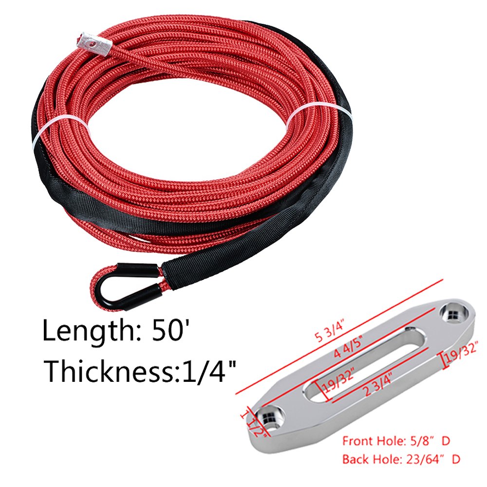 1/4 x 50' Synthetic Winch Line Cable Rope 7000+ LBs w/39' Rock Guard Sheath ATV UTV SUV Off-Road Ramsey (w/Hawse Fairlead, Red)