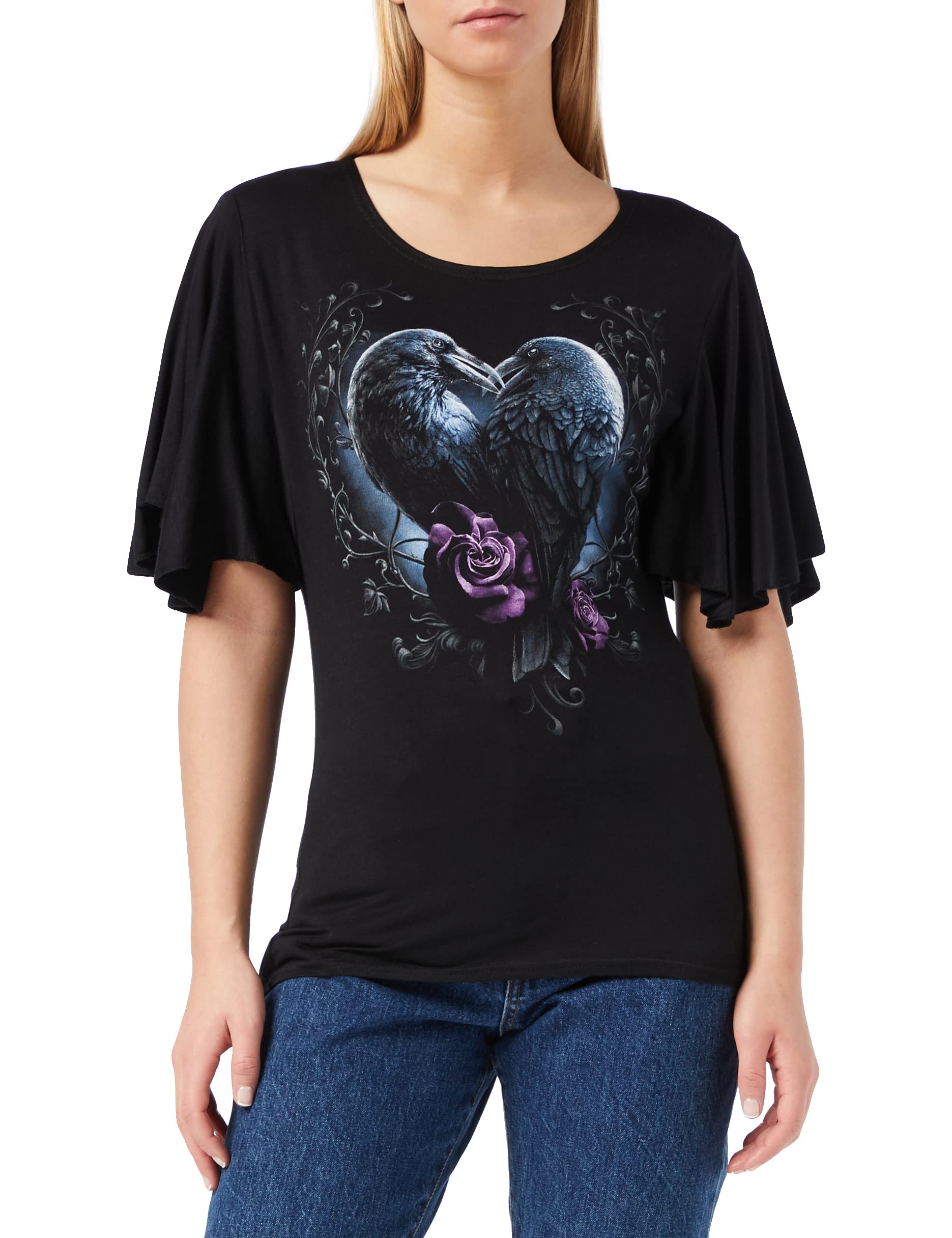 SpiralWomen's Raven Heart - Boat Neck Bat Sleeve Top Black T - Shirt