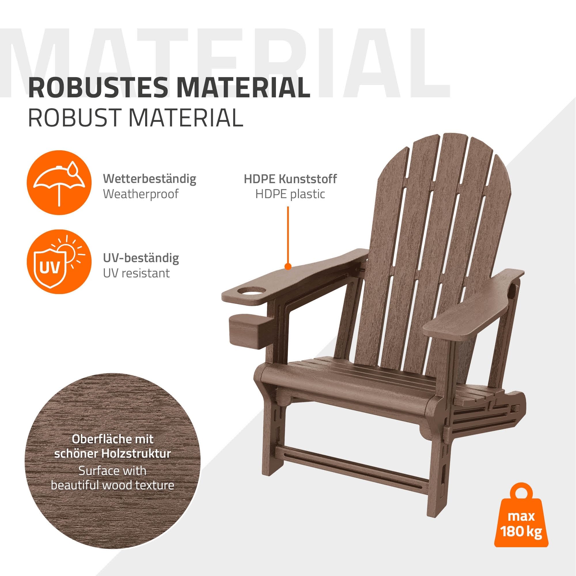 ML-Design Chaise Adirondack Marron avec Porte-Gobelet Intégré, Siège de Jardin en Plastique HDPE Aspect Bois, Résistant aux Intempéries, Montage Facile, Fauteuil Extérieur pour Terrasse Patio Balcon
