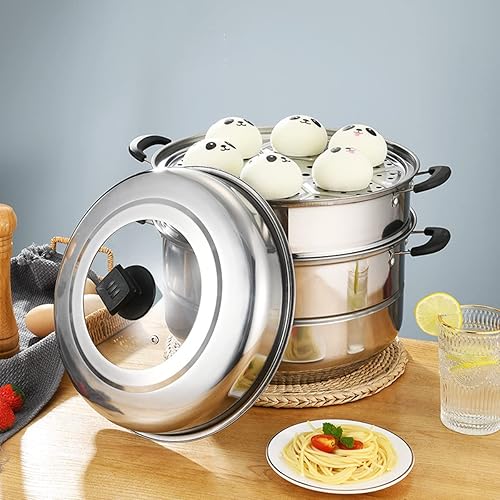 Miniatura 6 de Ollas de vapor de acero inoxidable de 11.8 pulgadas con tapa, olla de vapor de 3 niveles para cocinar, olla de vapor multiusos de acero inoxidable,