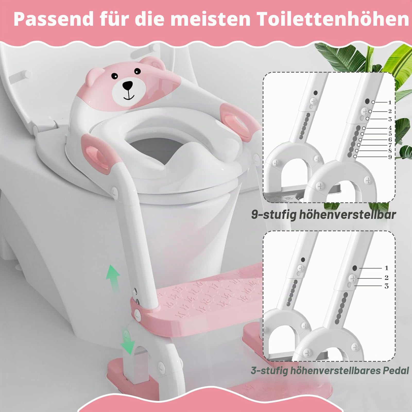 2-in-1 Toilettensitz mit Treppe, 8-fach verstellbar & klappbar | WC-Aufsatz mit Spritzschutz & rutschfest für Kinder ab 1–6 Jahre – passend für gängige Toiletten