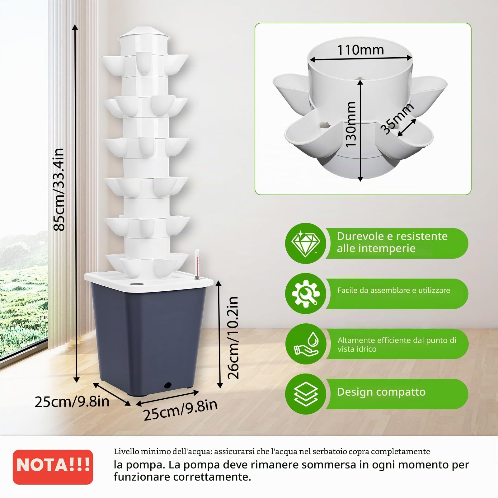 Sistema di coltivazione idroponica 30 baccelli Giardino a torre idroponica per erbe, frutta e verdure da interno, kit di coltivazione aeroponica con pompa idratante e serbatoio d'acqua mobile per gli