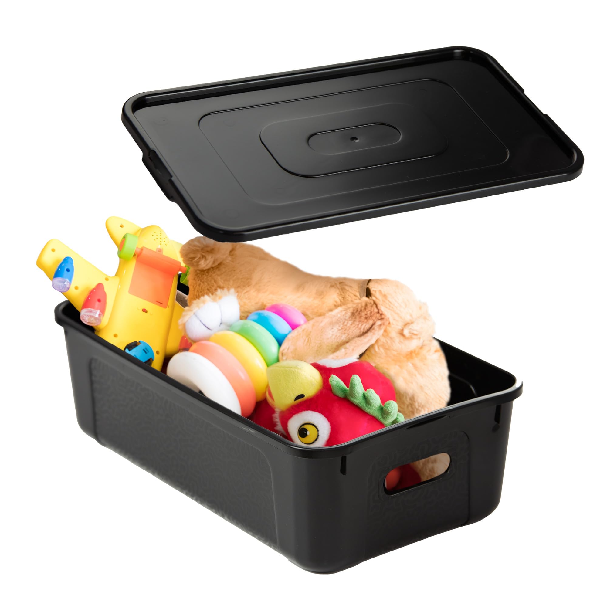 EDANTI Opbergdozen met deksel, organizer, container, kunststof, zwart, kledingboxen, stapelbaar, speelgoedkist, plastic, 39 x 26 x 13,4 cm, 14 liter