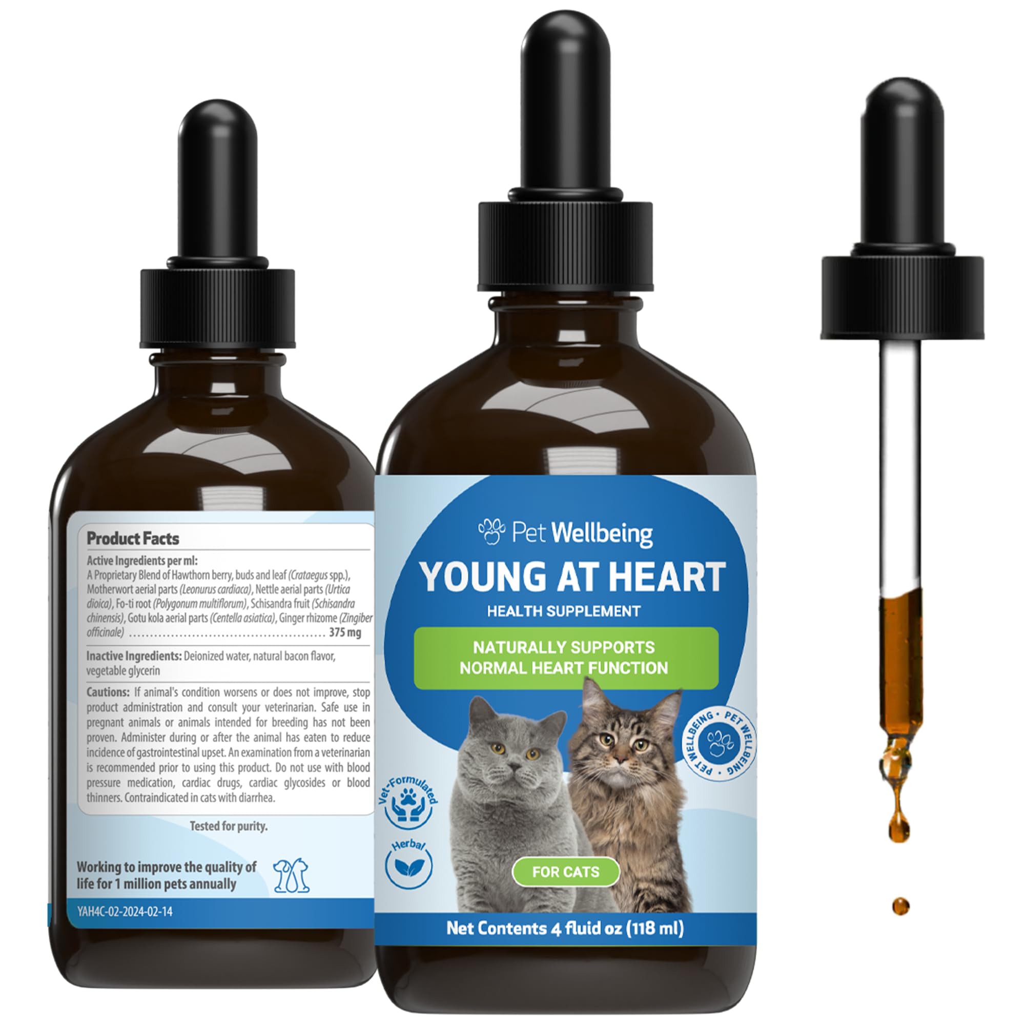 Pet Wellbeing Young at Heart for Cats - Senior Feline Heart Health Support, Cardiovascular Wellness with Hawthorn & Motherwort - NASC Certified & Vet-Formulated - 4 oz Liquid Formula