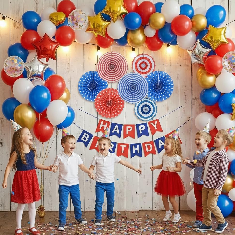 Image of Blue & Red Paper Fans for Birthday Decoration, Baby showers, Weddings Christmas for Hanging Decoration (Pack of 6)