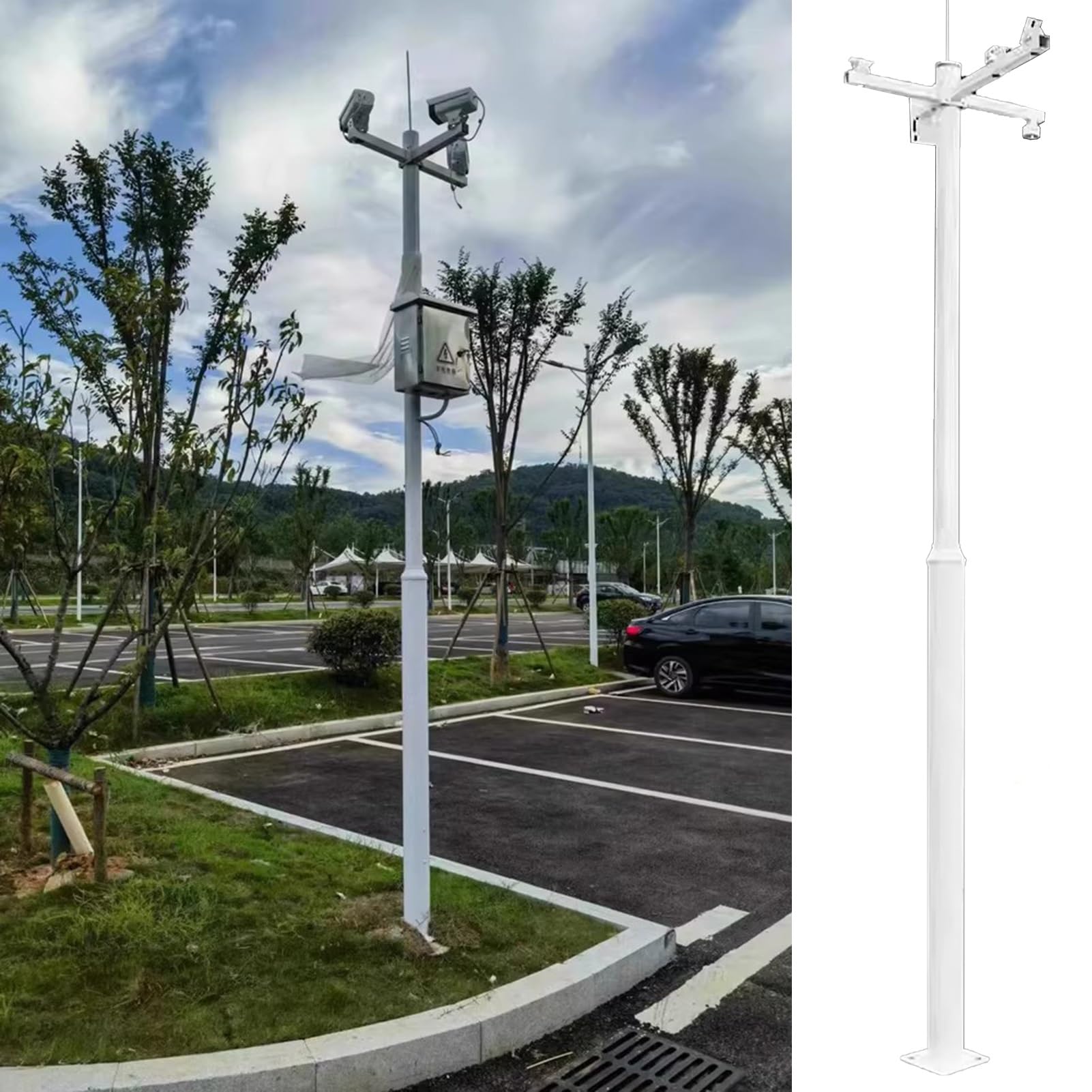 MRVAKDYDI Weatherproof Steel Surveillance Post, Outdoor Security Camera Pole Mount with 4 Mounting Arms, Multiple Heights, 6-Piece Set(5.5m (18ft))