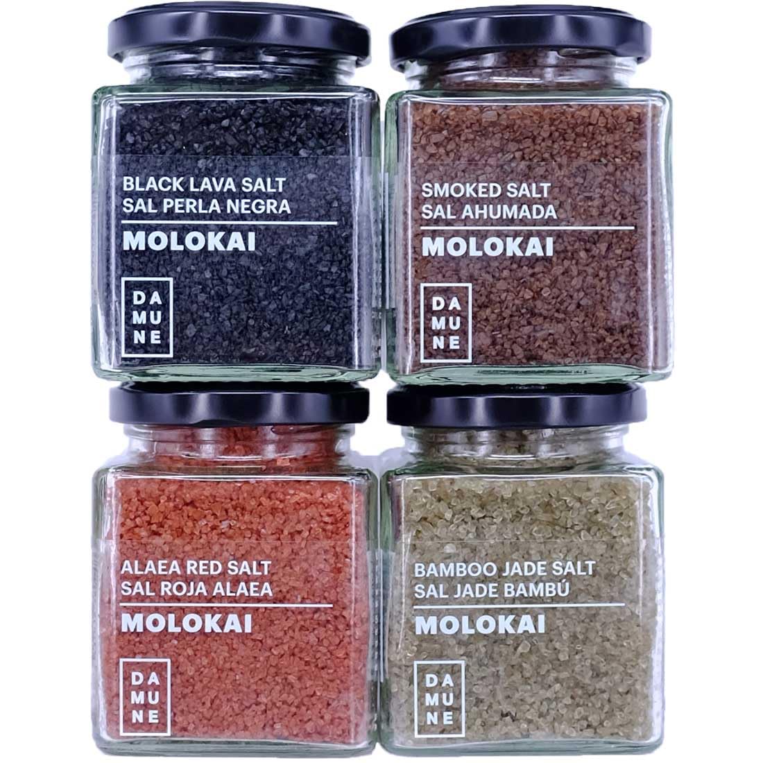 DAMUNE Gourmetsalz Molokai-Hawaii: Schwarzes Salz Black Lava Hawaii-Molokai (200g), Rotes Salz Alaea Red Gold Hawaii-Molokai (200g), Salz Jade Bamboo Hawaii-Molokai (200g), Rauchsalz Hawaii (200g)