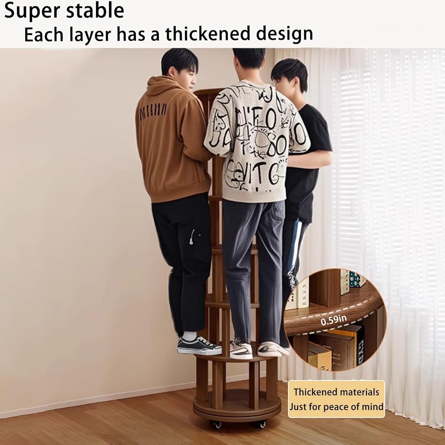 6-Tier Rotating Bookshelf - Solid Wood Rotating Bookcase Tower with Wheels - 360° Round Revolving Bookcase Organizer - Spinning Bookshelf for Small Spaces, Living Room, Office, and Bedroom (Walnut)