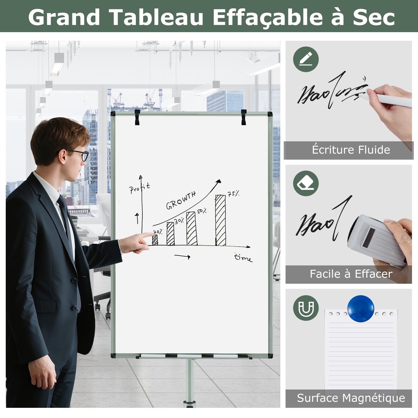 GOPLUS Tableau Blanc Effacable 65 x 100 CM, Tableau Blanc Magnetique avec Support Hauteur Réglable et 5 Roues Roulant, 1 Effaceur, 2 Crochets, 6 Marqueurs, 12 Aimants, 25 Papiers, Idéal pour Bureau