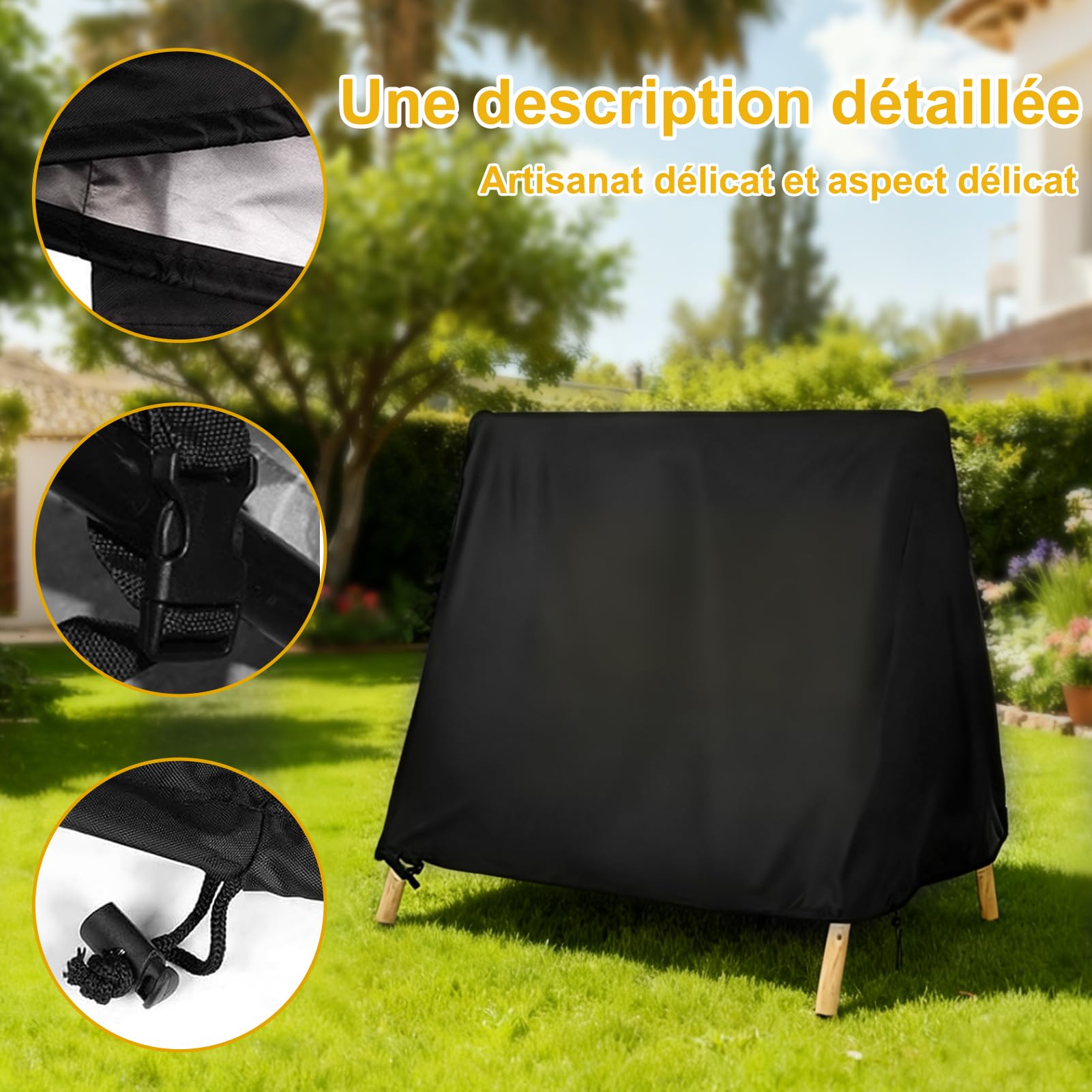 Housse de protection pour balancelle de patio 3 places - Résistante à l'eau et à la poussière - Avec cordon de serrage réglable - Tissu Oxford 210D noir et beige - 216 x 140 x 170 cm