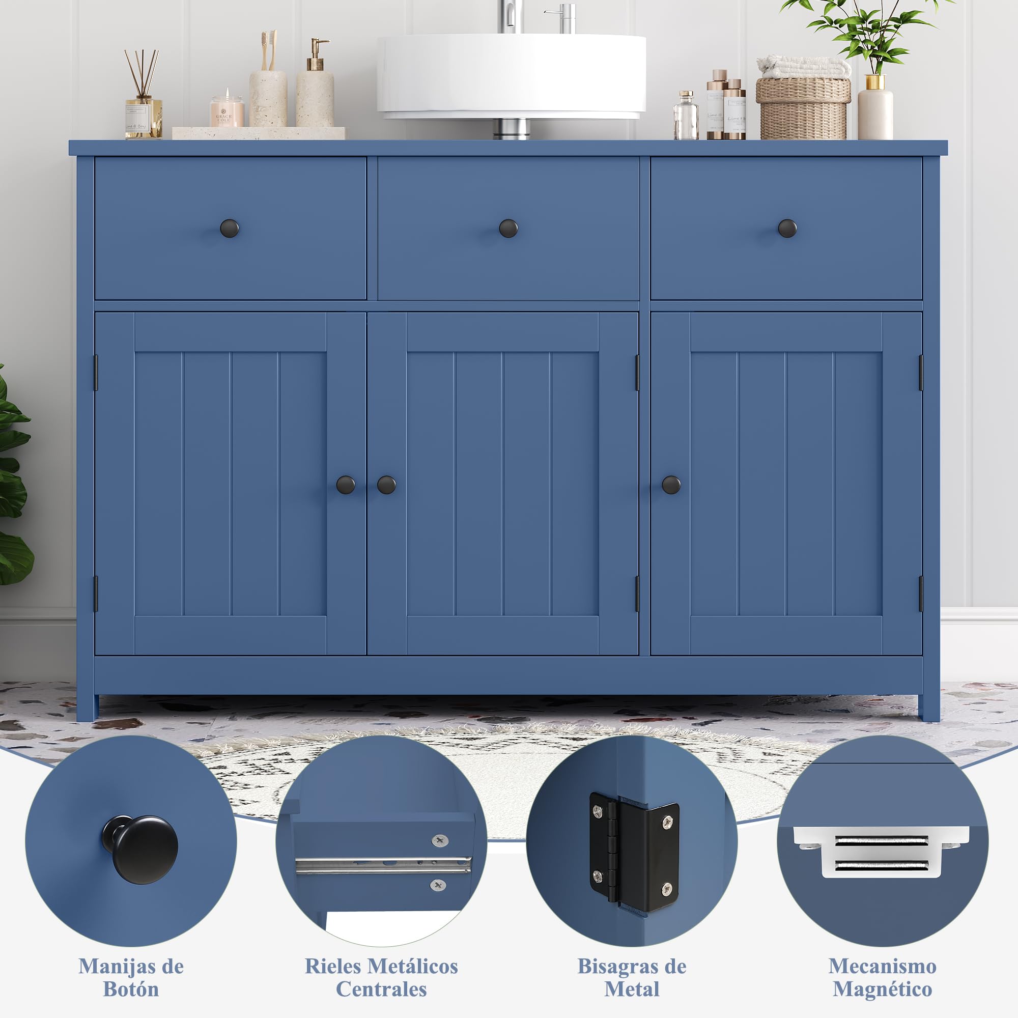 FOREHILL 100cm Mueble Bajo Lavabo, Mueble Baño, Mueble Lavabo con Pie, con 3 Puertas, 2 Cajones, 100 x 30 x 61 cm (Azul)