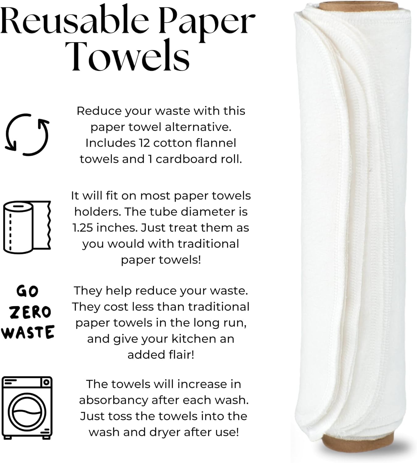 Vi-tal Health & Wellness Paperless Towels Roll Washable Cotton Cloth, Reusable Paper Towels - 10 Pack with Durable Cardboard Roll - 10