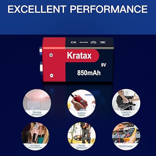 Miniatura 7 de 9v Rechargeable Batteries Kratax 850mAh High Capacity 9volt 6F22 Lithium-ion Battery, 8.7V, 1000 cycles, for Smoke Alarms, Guitar, Cameras, Walkie